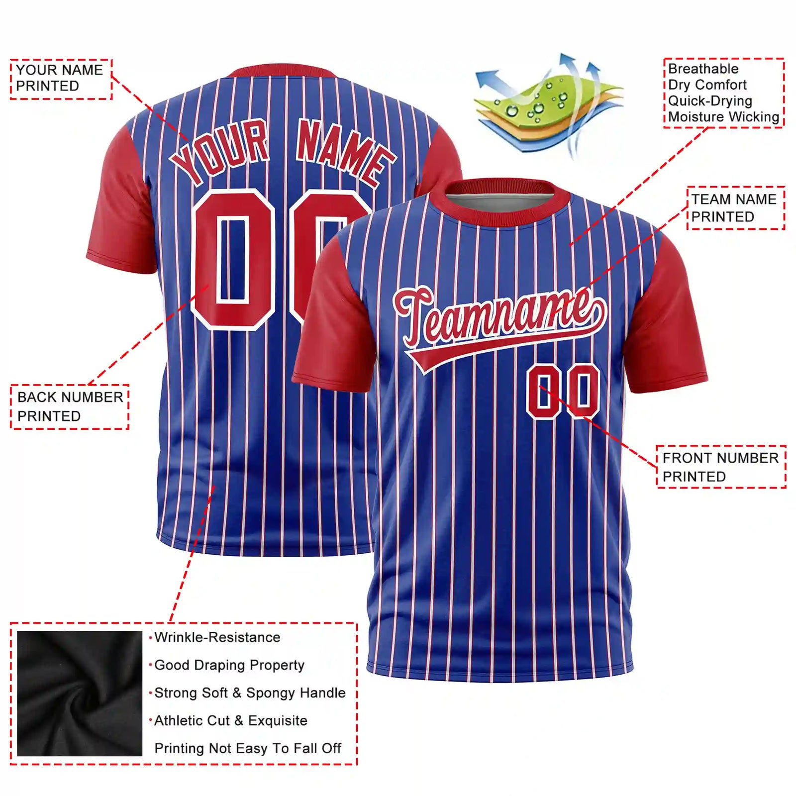 Custom Royal Blue White-Red Pinstripe Pattern Design Performance T-Shirt