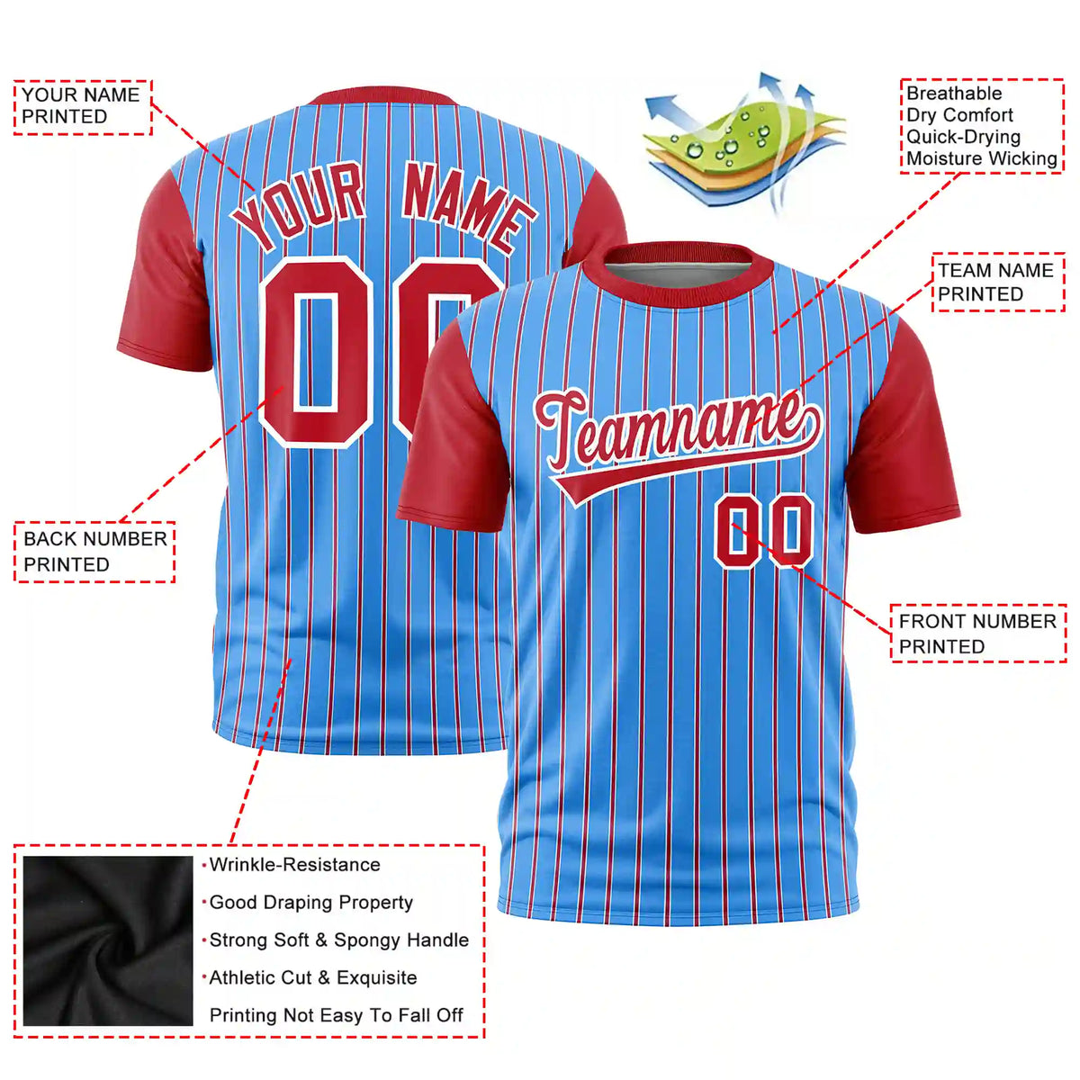 Custom Powder Blue White-Red Pinstripe Pattern Design Performance T-Shirt