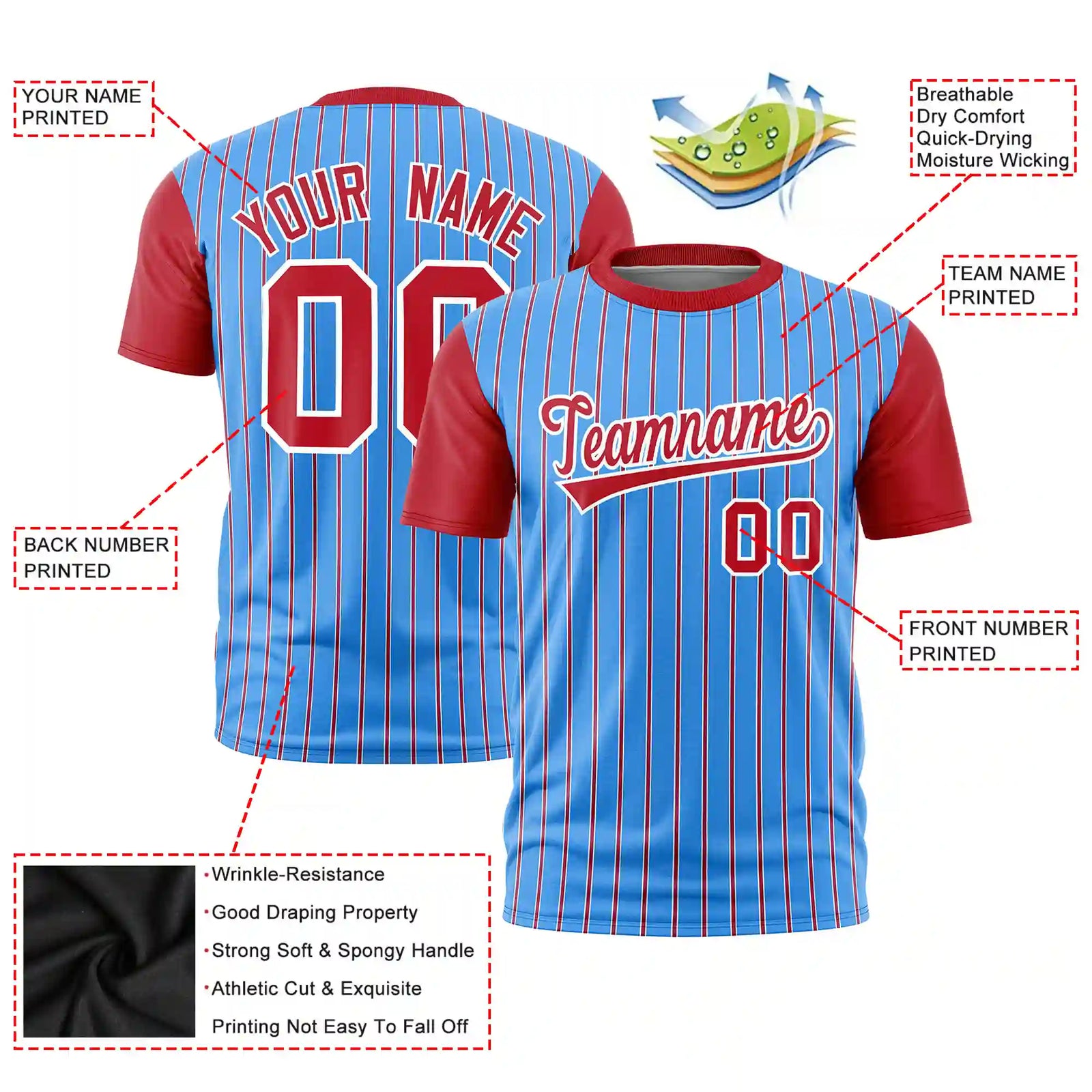 Custom Powder Blue White-Red Pinstripe Pattern Design Performance T-Shirt