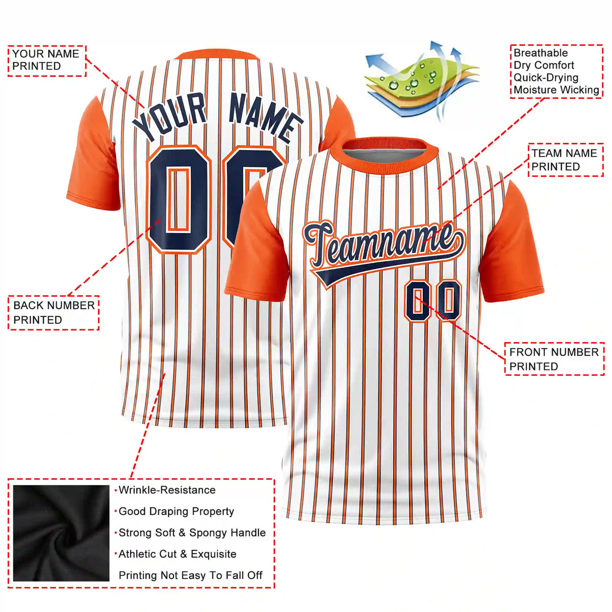 Custom White Navy-Orange Pinstripe Pattern Design Performance T-Shirt