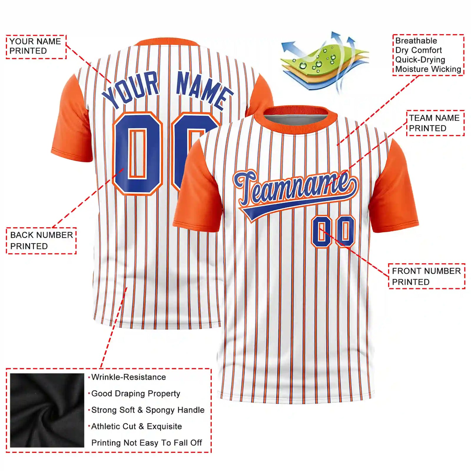 Custom White Royal Blue-Orange Pinstripe Pattern Design Performance T-Shirt