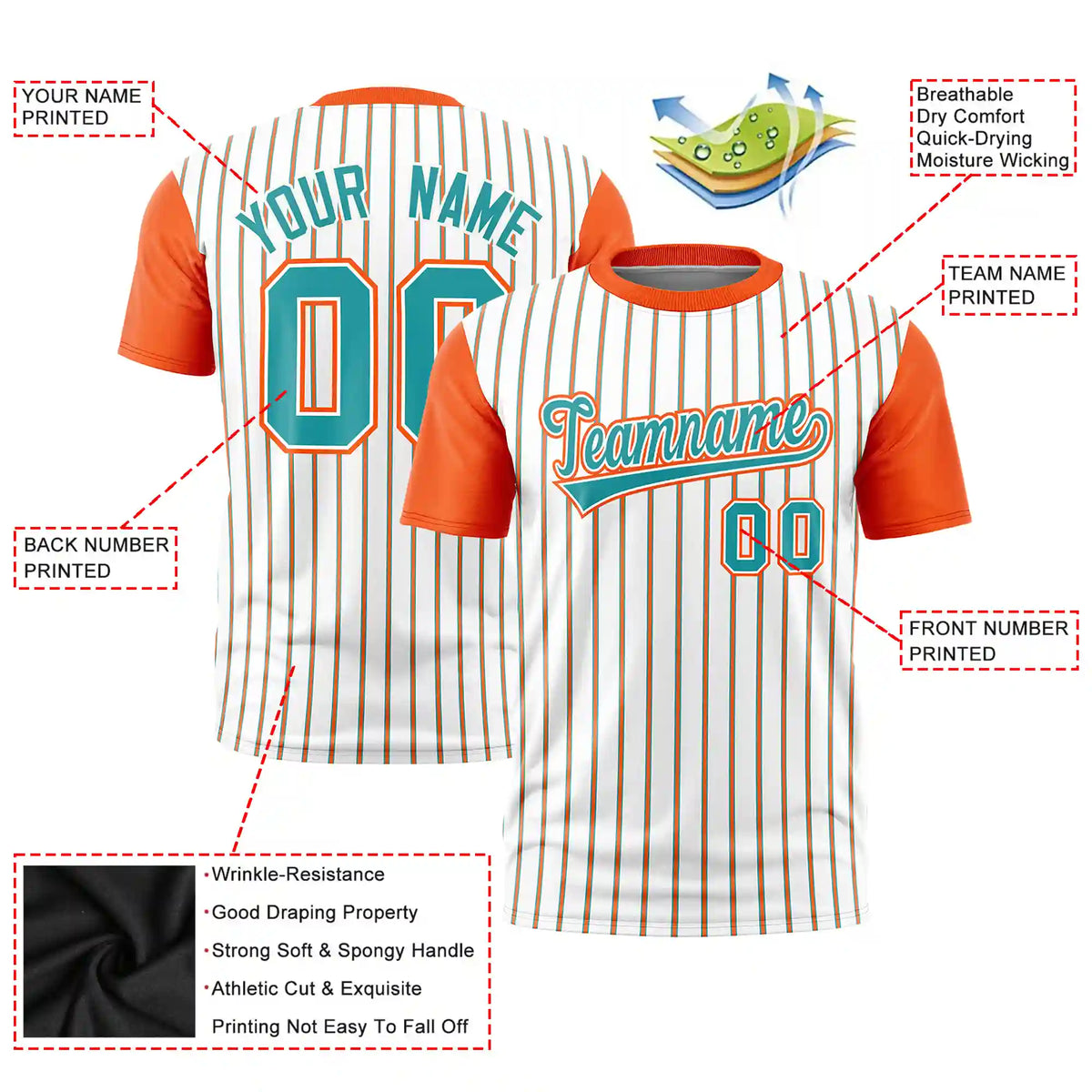 Custom White Aqua-Orange Pinstripe Pattern Design Performance T-Shirt