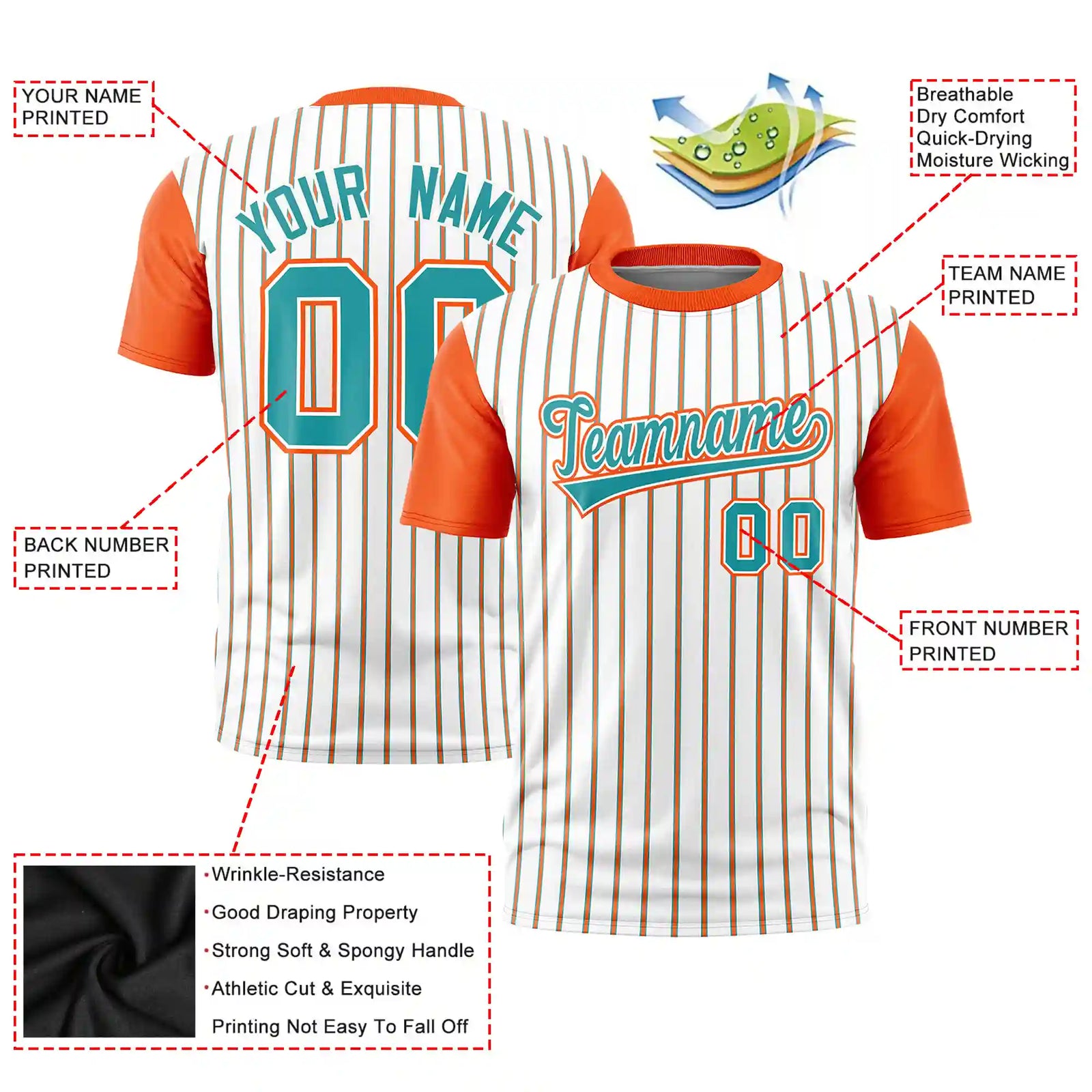 Custom White Aqua-Orange Pinstripe Pattern Design Performance T-Shirt