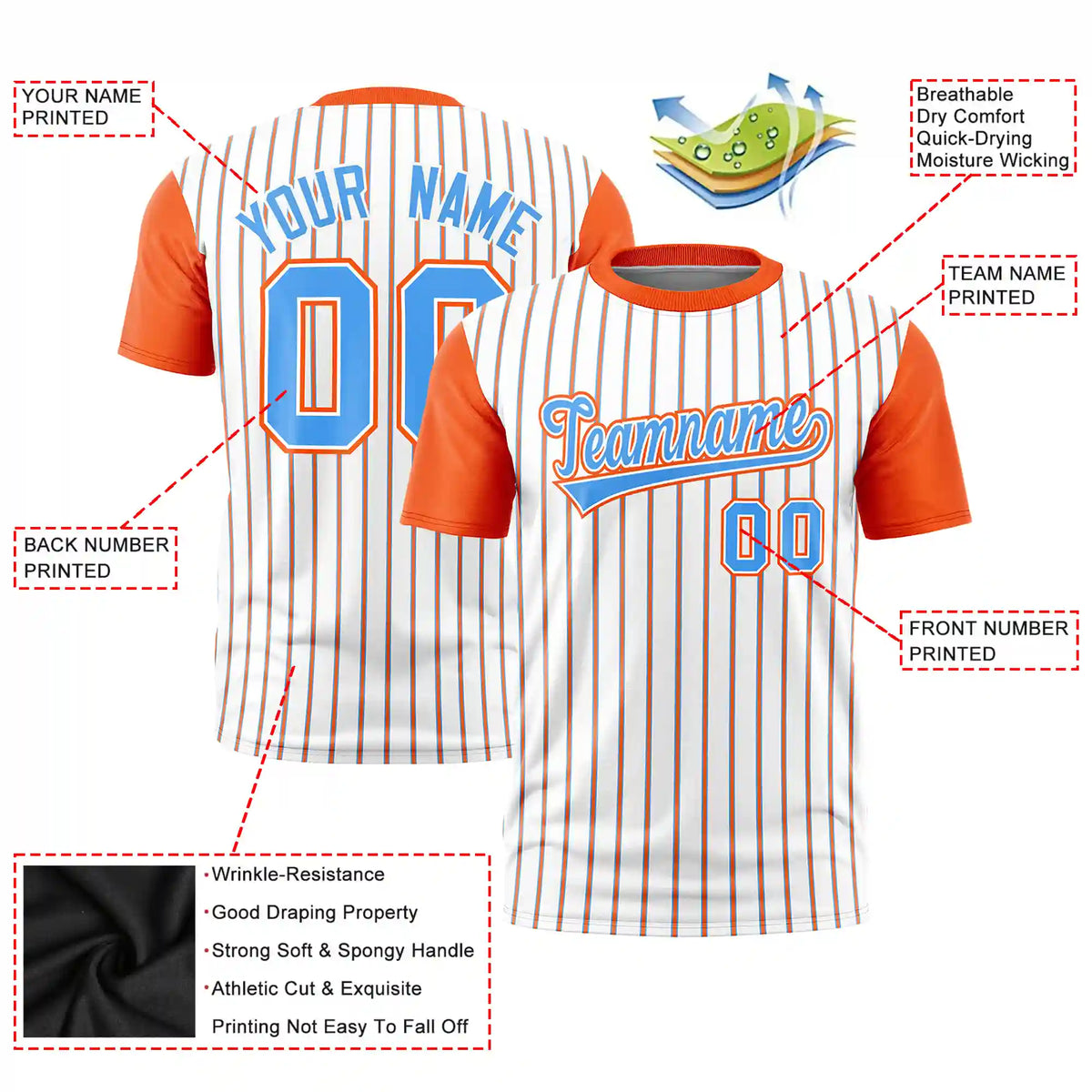 Custom White Powder Blue-Orange Pinstripe Pattern Design Performance T-Shirt