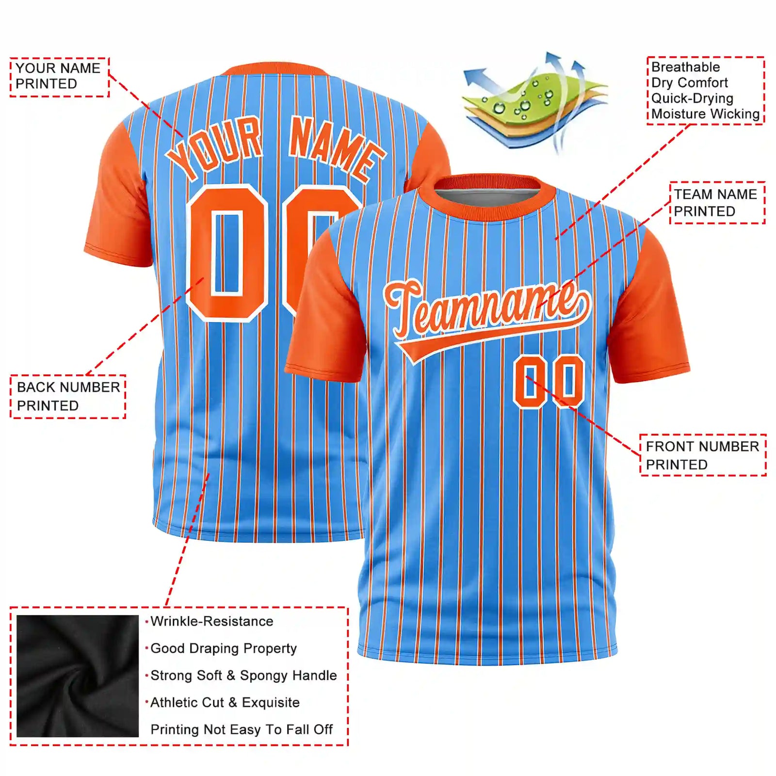 Custom Powder Blue White-Orange Pinstripe Pattern Design Performance T-Shirt