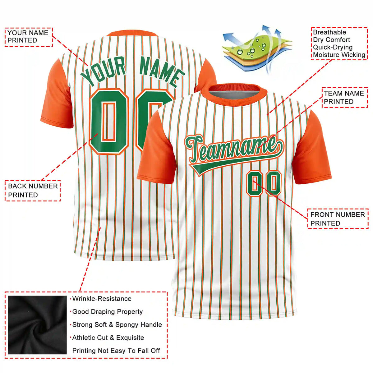 Custom White Kelly Green-Orange Pinstripe Pattern Design Performance T-Shirt