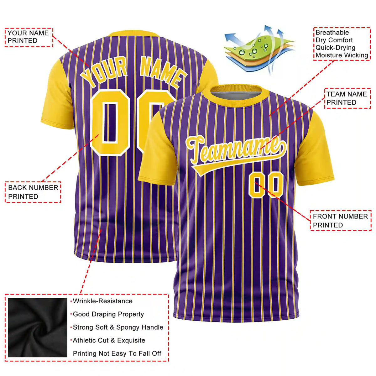 Custom Purple White-Gold01 Pinstripe Pattern Design Performance T-Shirt