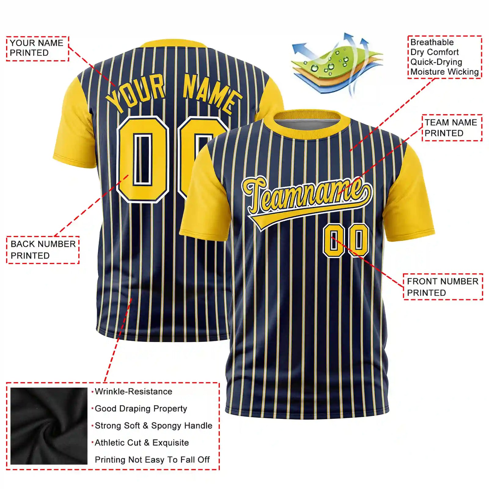 Custom Navy White-Gold01 Pinstripe Pattern Design Performance T-Shirt