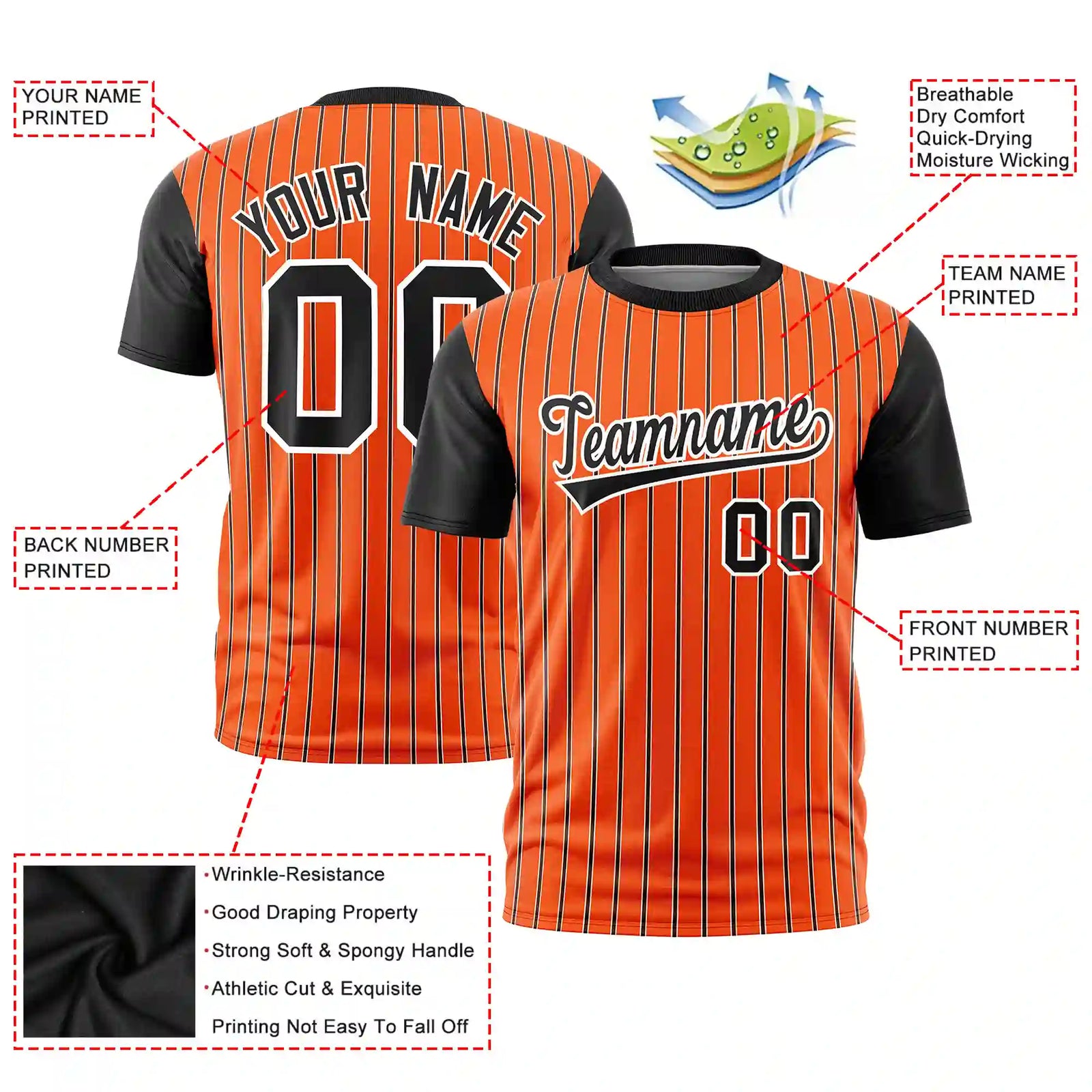 Custom Orange White-Black Pinstripe Pattern Design Performance T-Shirt