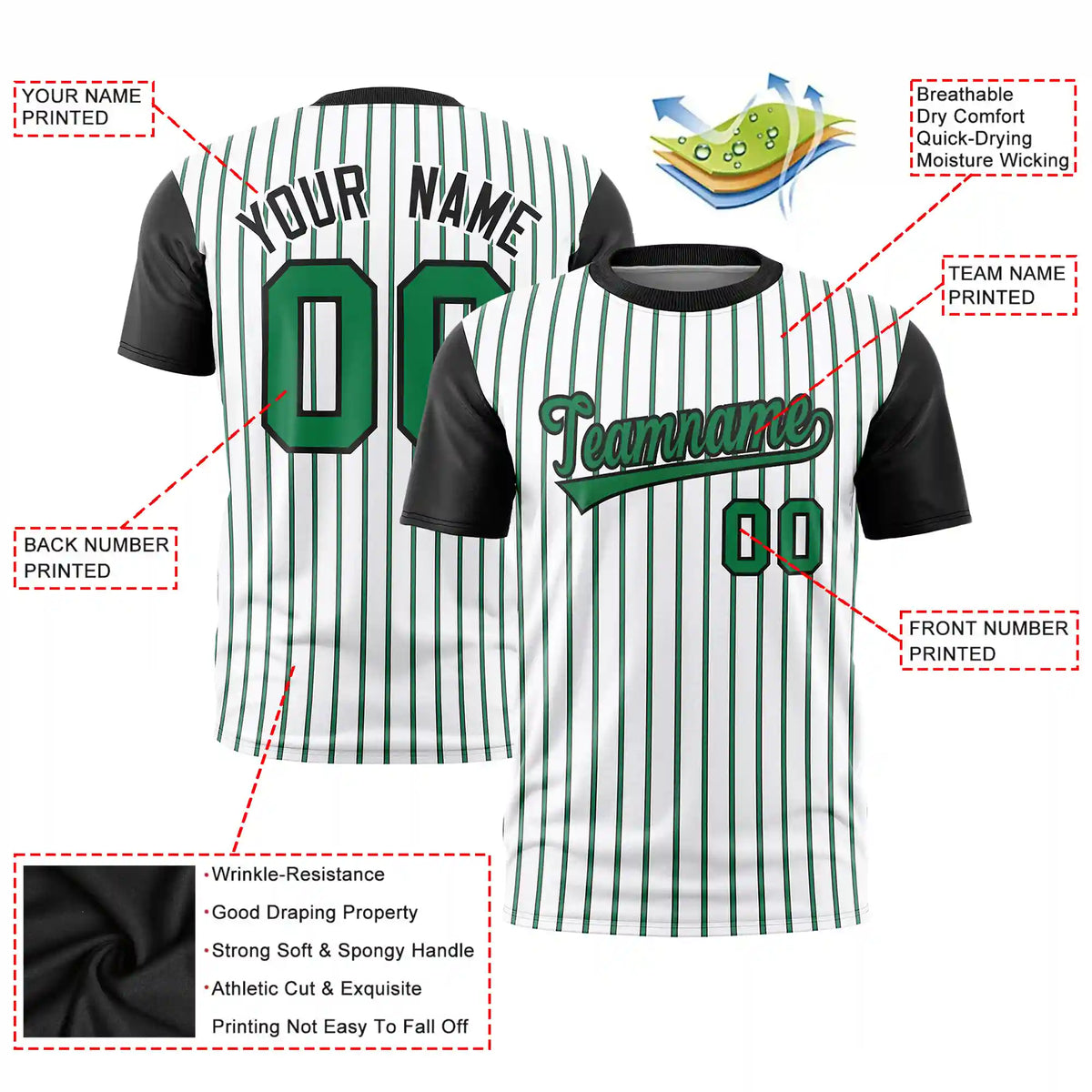 Custom White Kelly Green-Black Pinstripe Pattern Design Performance T-Shirt
