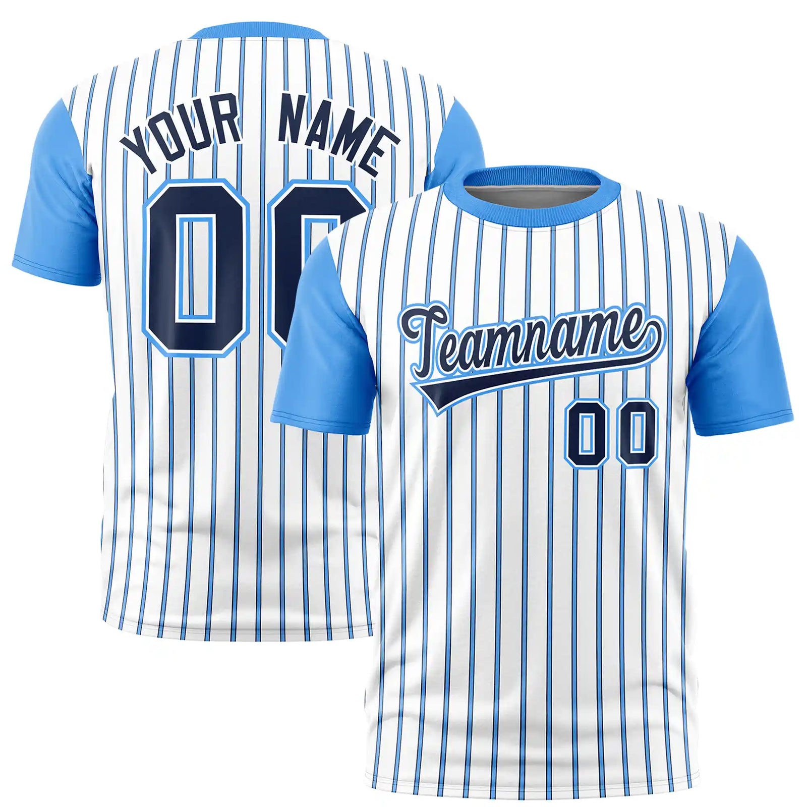 Custom White Navy-Powder Blue Pinstripe Pattern Design Performance T-Shirt