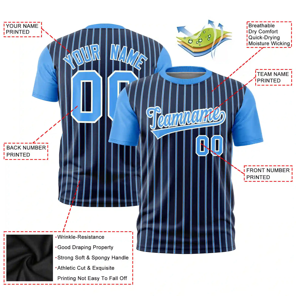 Custom Navy White-Powder Blue Pinstripe Pattern Design Performance T-Shirt