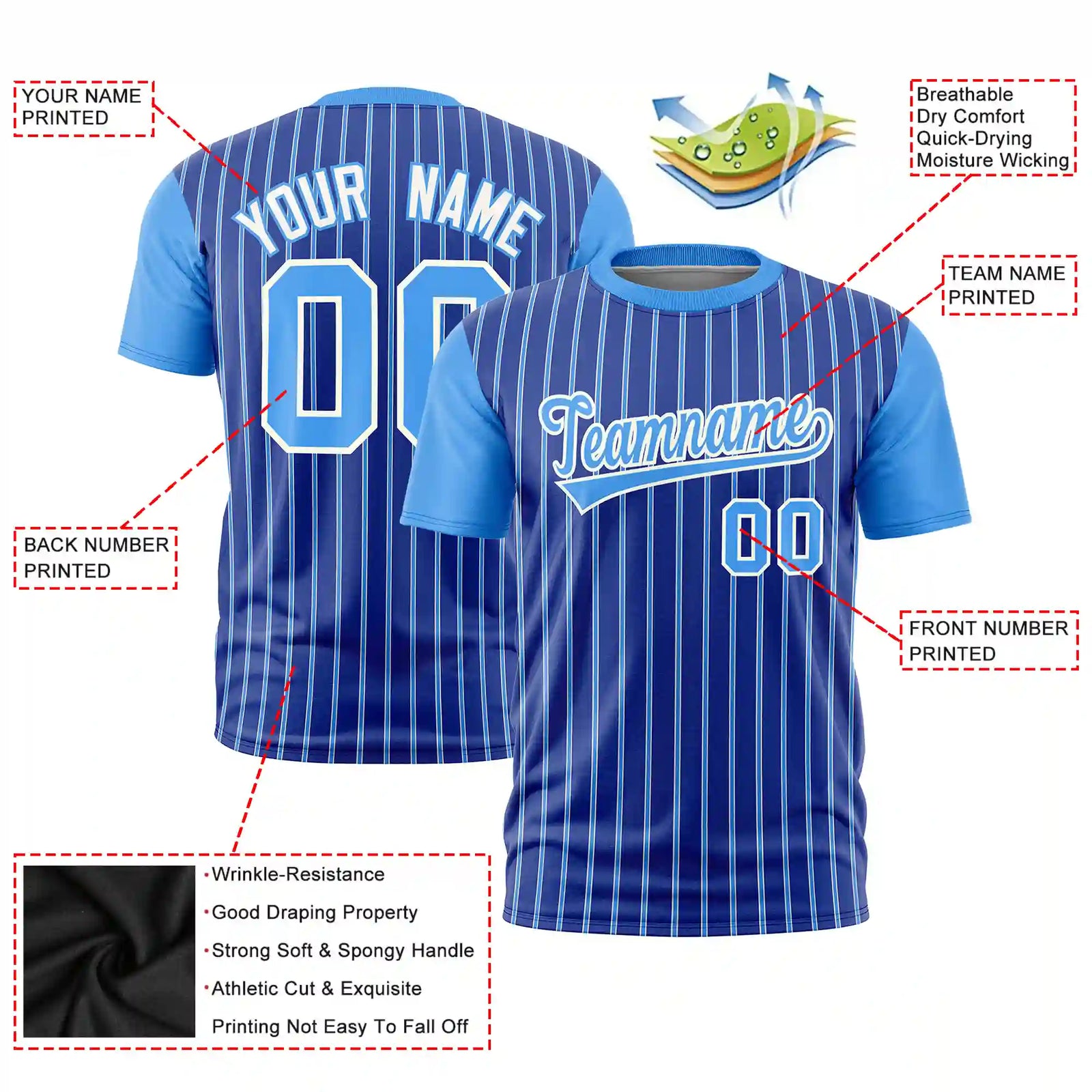 Custom Royal Blue White-Powder Blue Pinstripe Pattern Design Performance T-Shirt