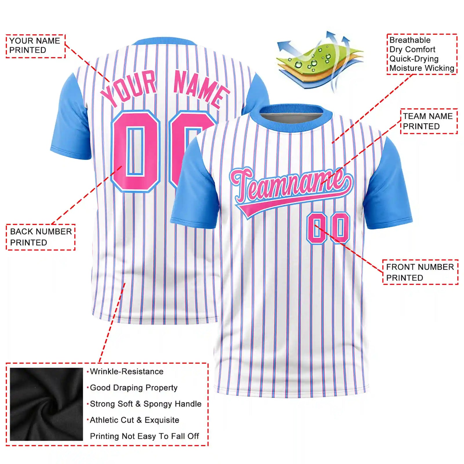 Custom White Pink-Powder Blue Pinstripe Pattern Design Performance T-Shirt