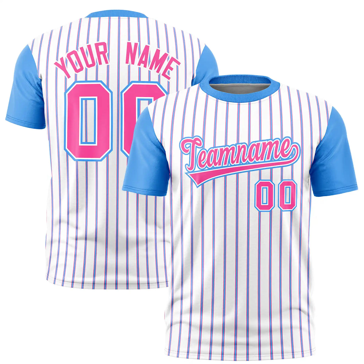 Custom White Pink-Powder Blue Pinstripe Pattern Design Performance T-Shirt