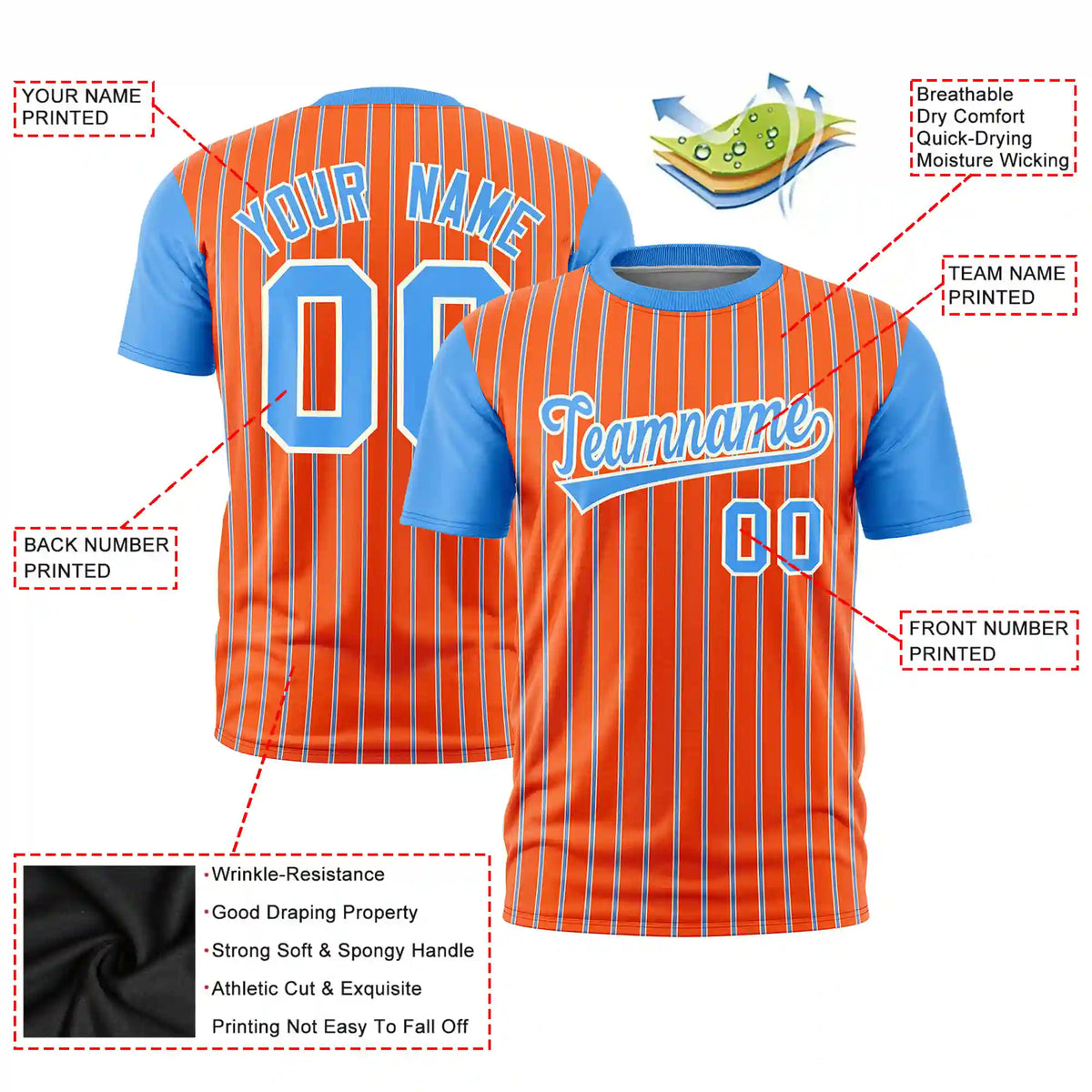 Custom Orange White-Powder Blue Pinstripe Pattern Design Performance T-Shirt
