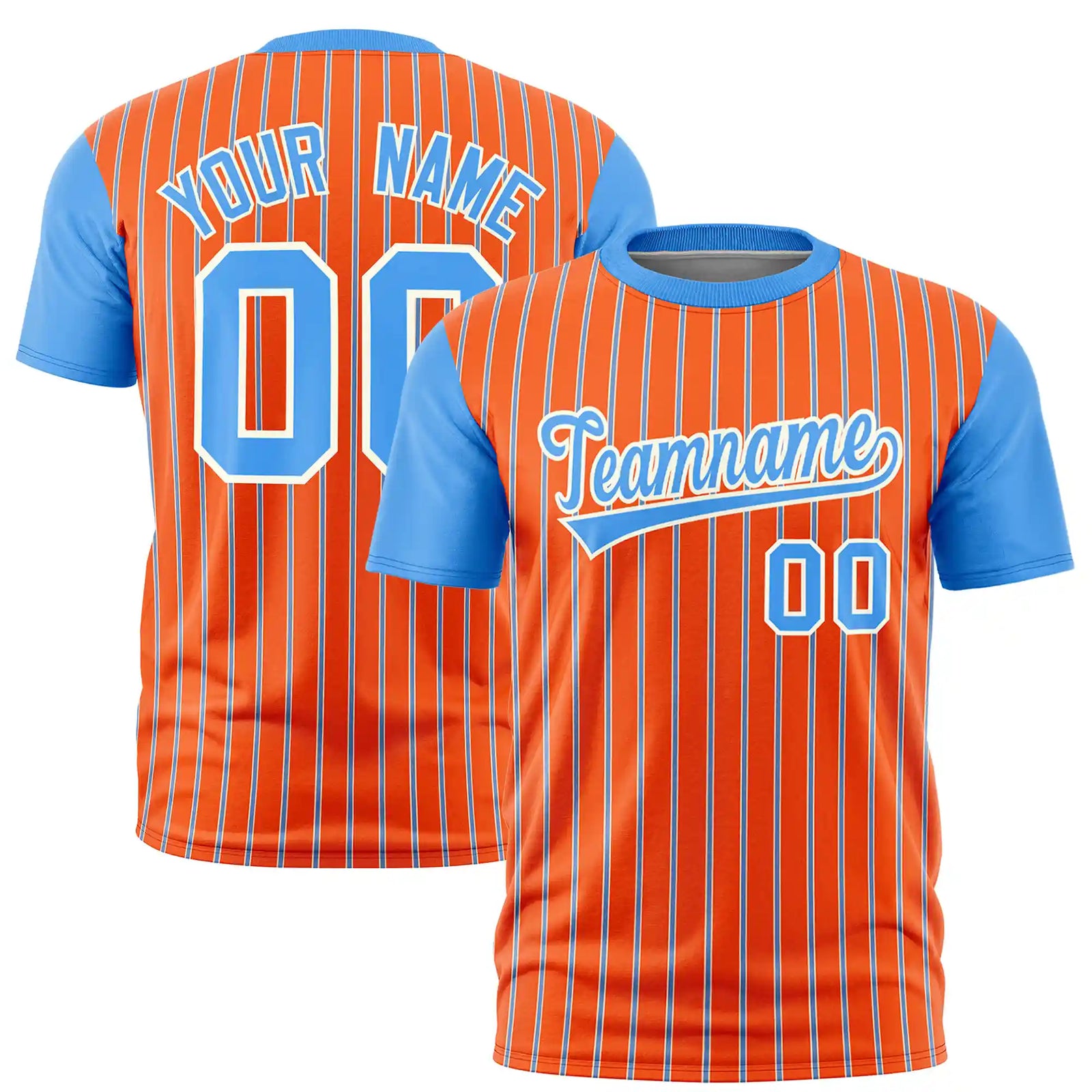 Custom Orange White-Powder Blue Pinstripe Pattern Design Performance T-Shirt