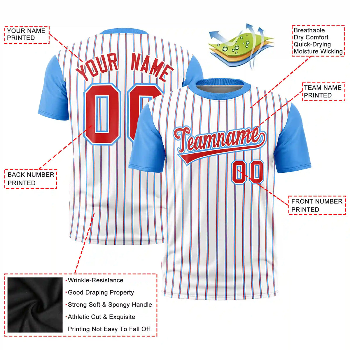 Custom White Red-Powder Blue Pinstripe Pattern Design Performance T-Shirt