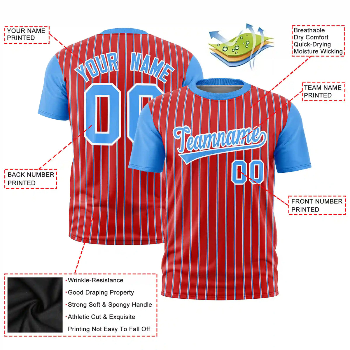 Custom Red White-Powder Blue Pinstripe Pattern Design Performance T-Shirt