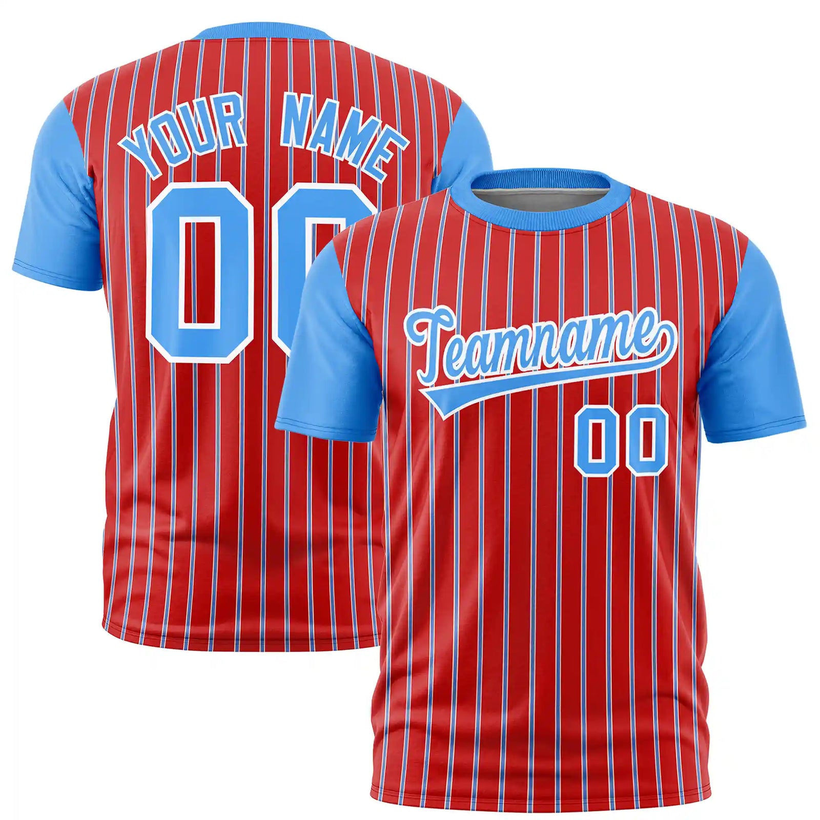 Custom Red White-Powder Blue Pinstripe Pattern Design Performance T-Shirt
