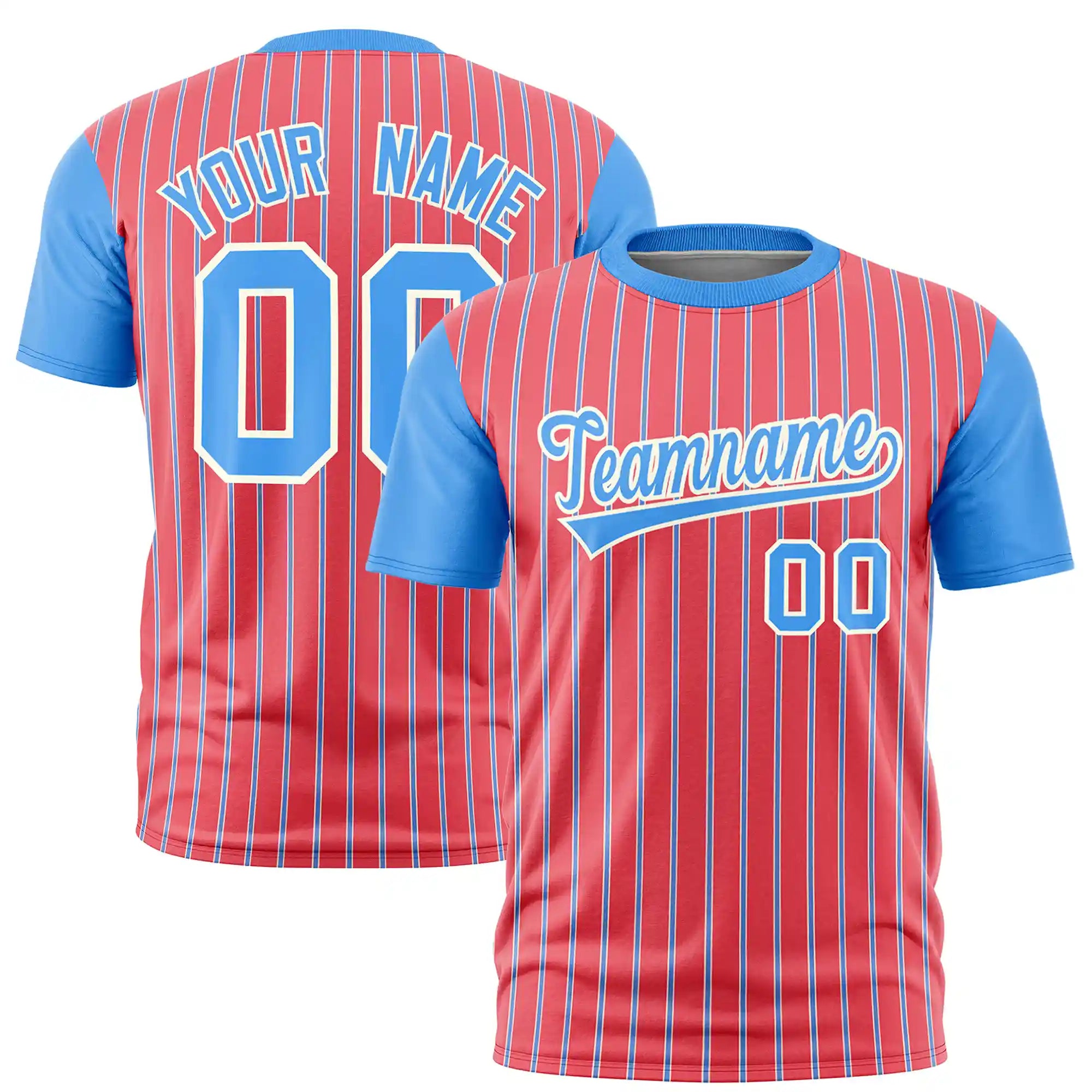 Custom Light Red White-Powder Blue Pinstripe Pattern Design Performance T-Shirt