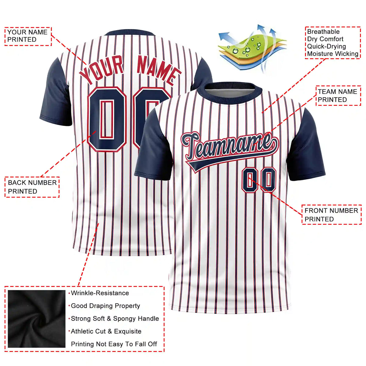 Custom White Red-Navy Pinstripe Pattern Design Performance T-Shirt