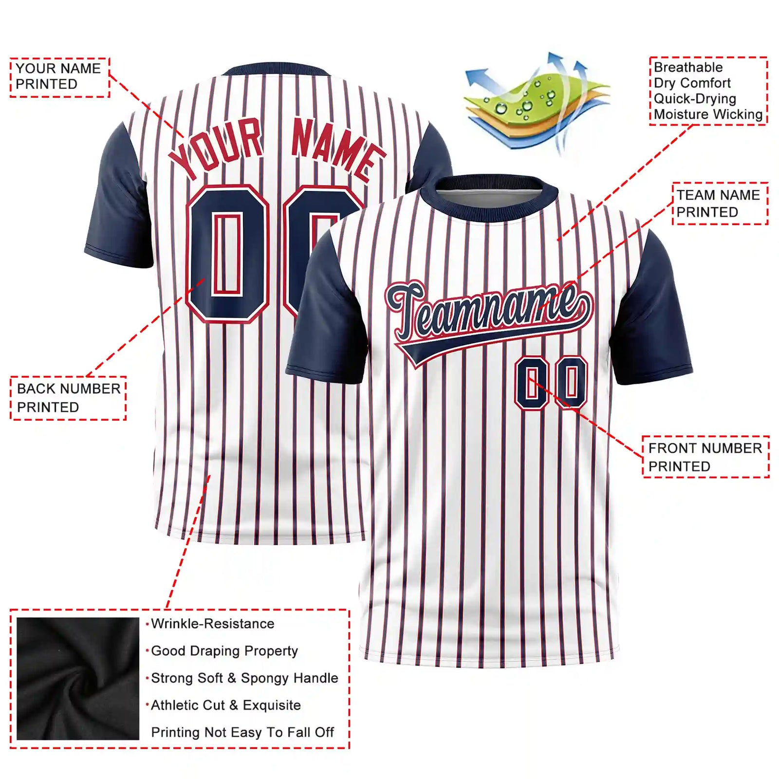 Custom White Red-Navy Pinstripe Pattern Design Performance T-Shirt