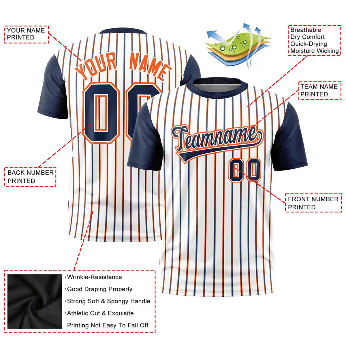 Custom White Orange-Navy Pinstripe Pattern Design Performance T-Shirt