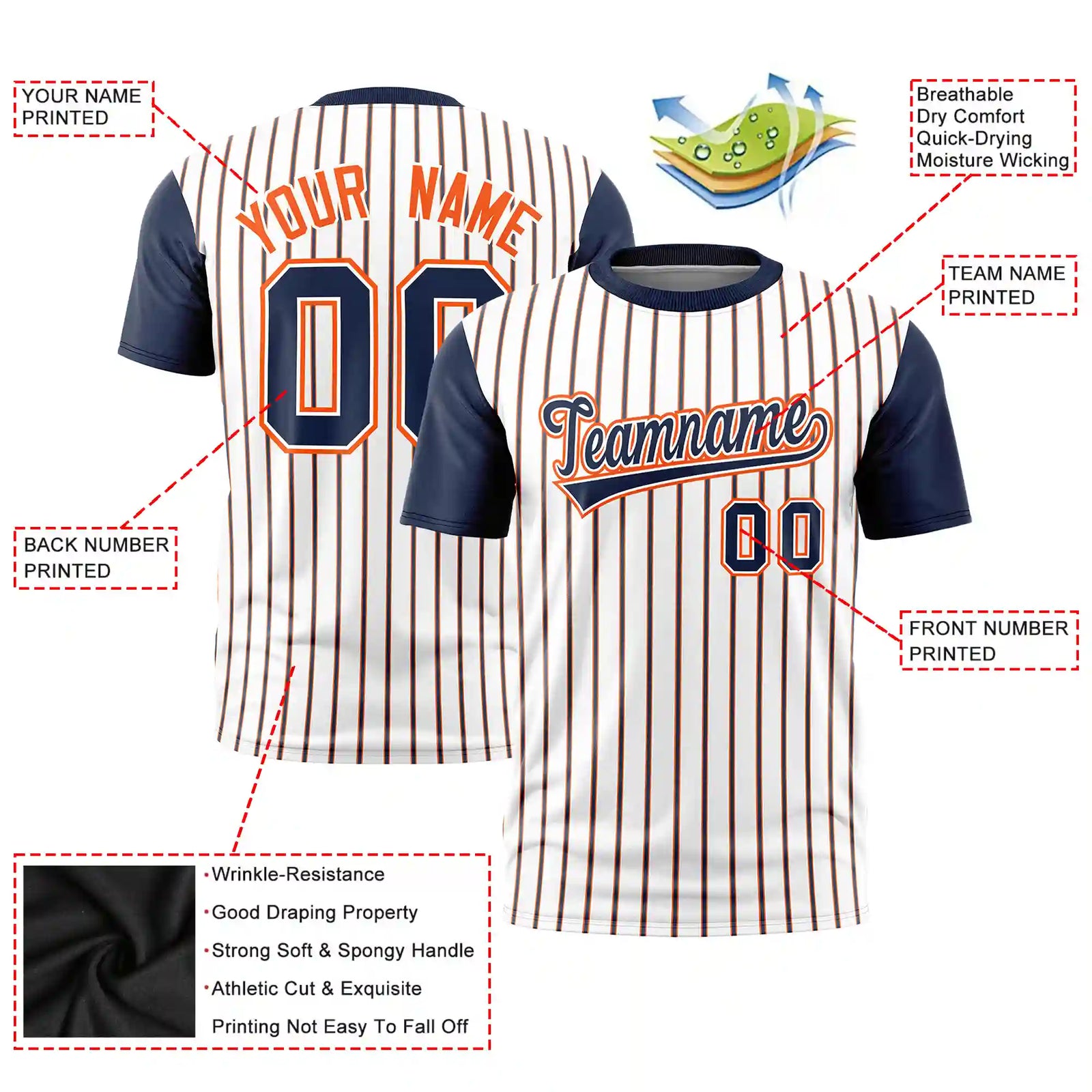 Custom White Orange-Navy Pinstripe Pattern Design Performance T-Shirt