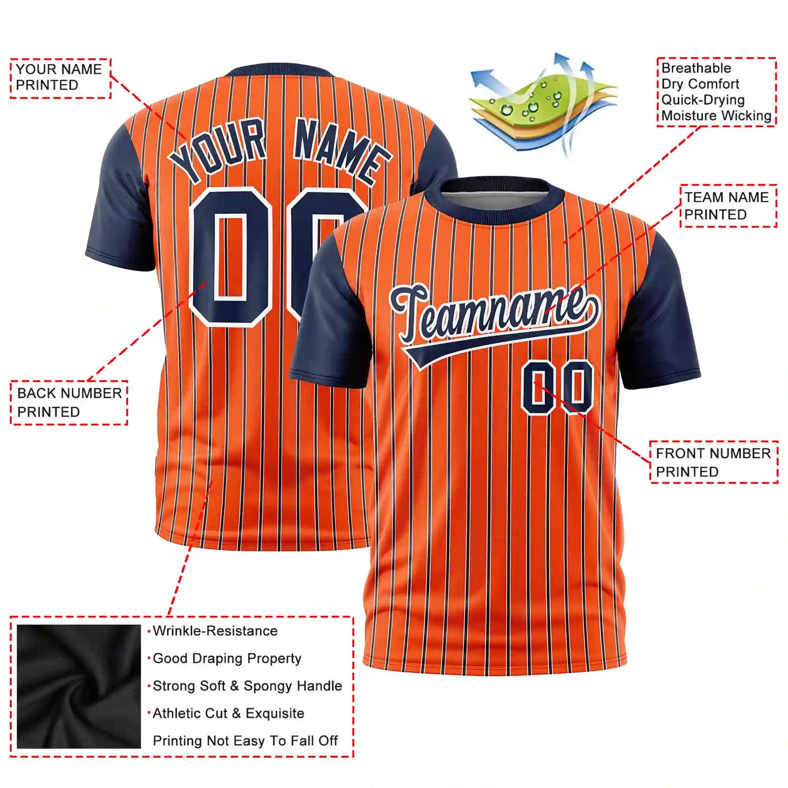 Custom Orange White-Navy Pinstripe Pattern Design Performance T-Shirt