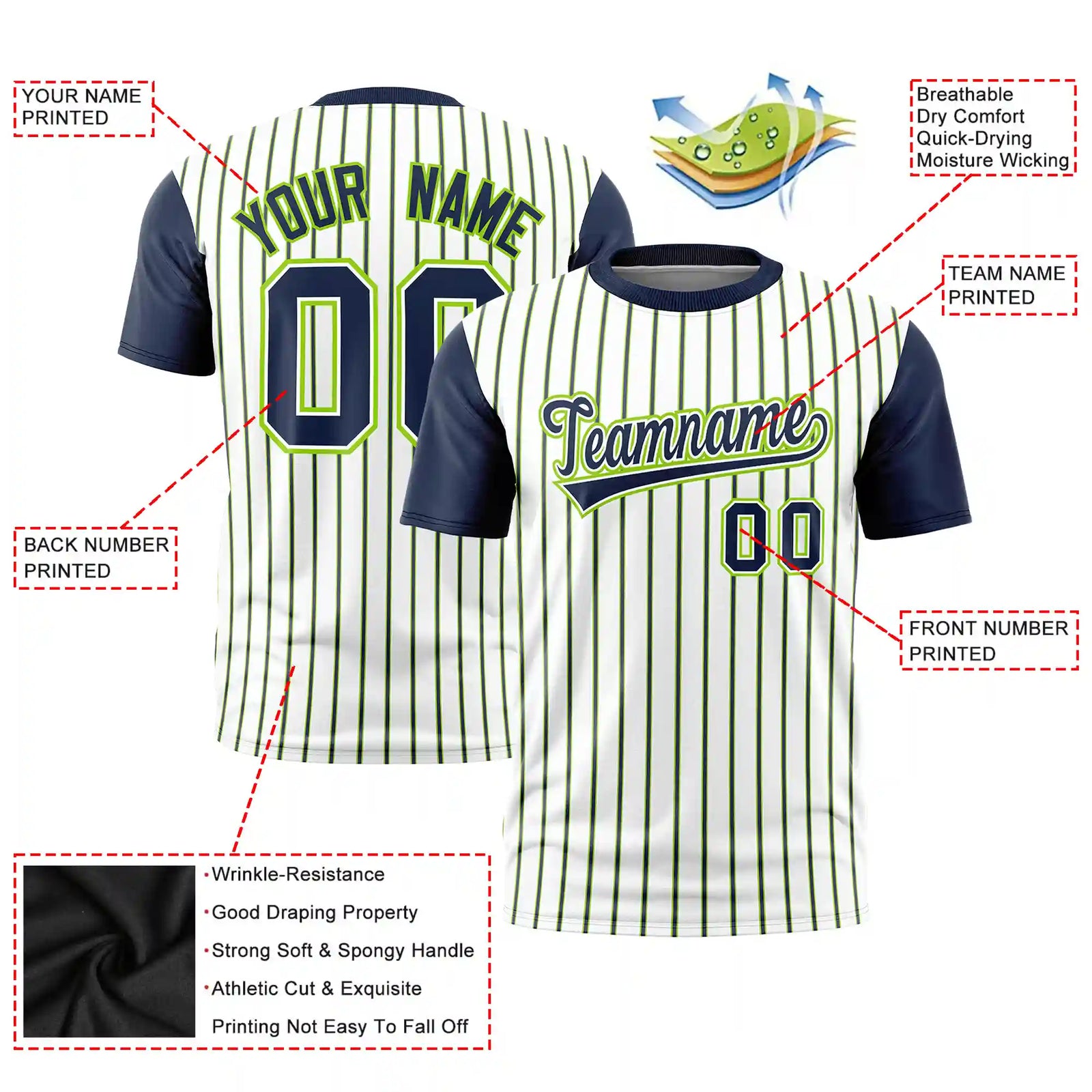 Custom White Neon Green-Navy Pinstripe Pattern Design Performance T-Shirt