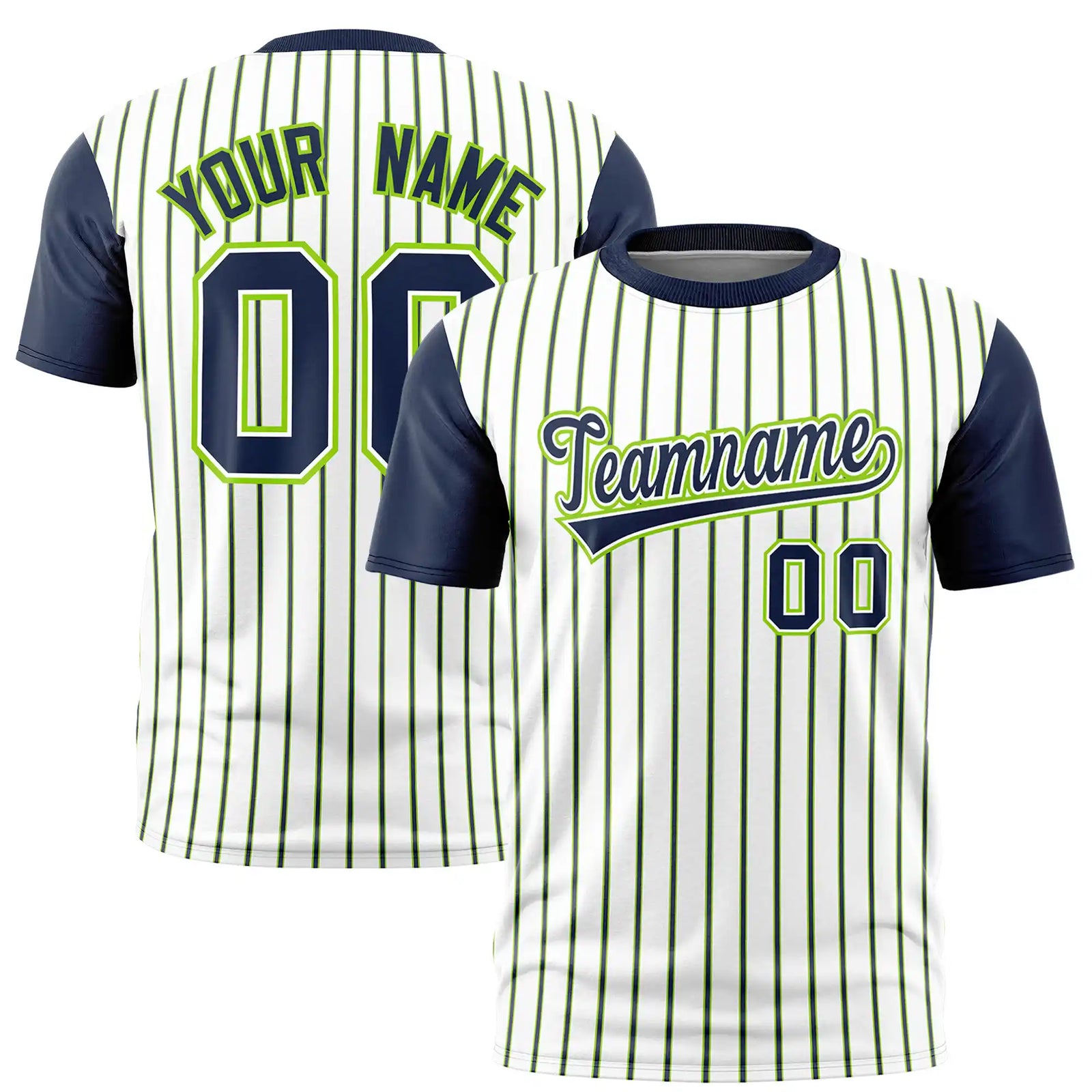 Custom White Neon Green-Navy Pinstripe Pattern Design Performance T-Shirt