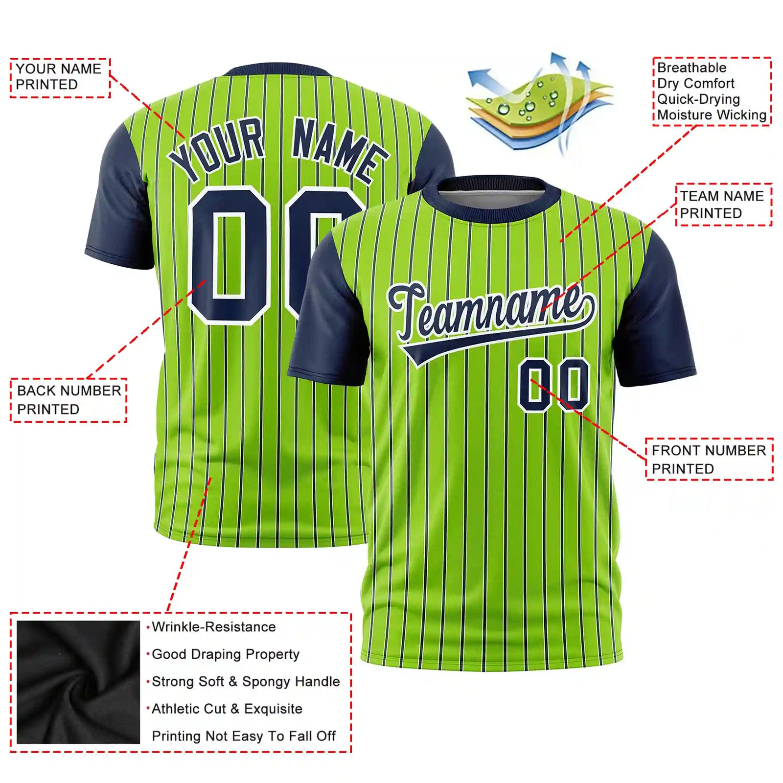 Custom Neon Green White-Navy Pinstripe Pattern Design Performance T-Shirt