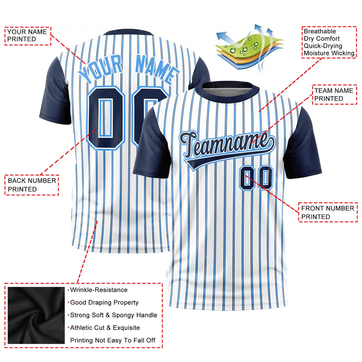 Custom White Powder Blue-Navy Pinstripe Pattern Design Performance T-Shirt