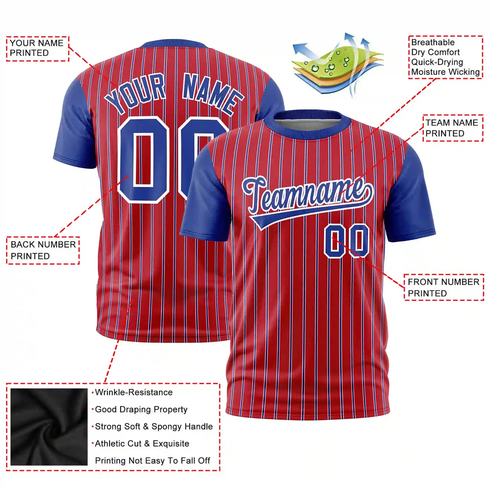 Custom Red White-Royal Blue Pinstripe Pattern Design Performance T-Shirt
