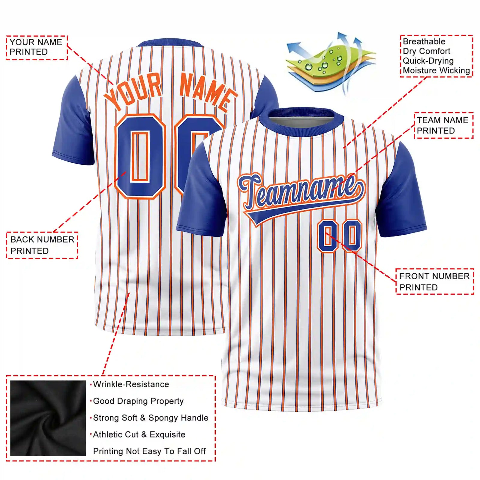 Custom White Orange-Royal Blue Pinstripe Pattern Design Performance T-Shirt