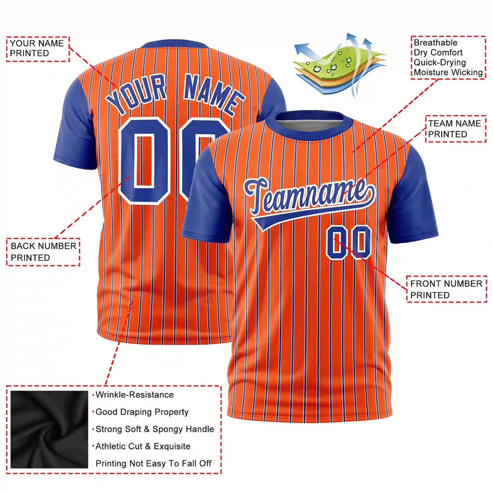 Custom Orange White-Royal Blue Pinstripe Pattern Design Performance T-Shirt