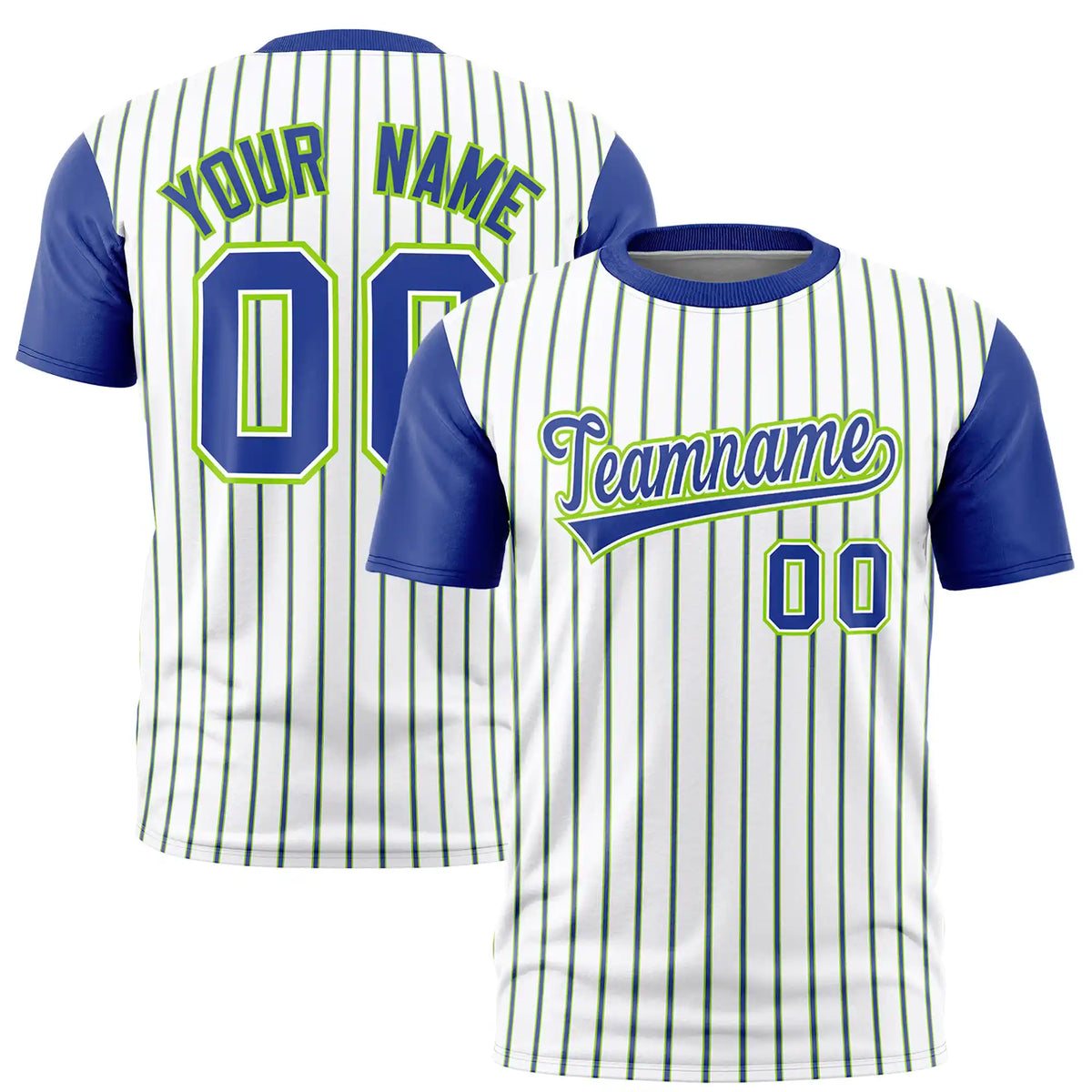 Custom White Neon Green-Royal Blue Pinstripe Pattern Design Performance T-Shirt