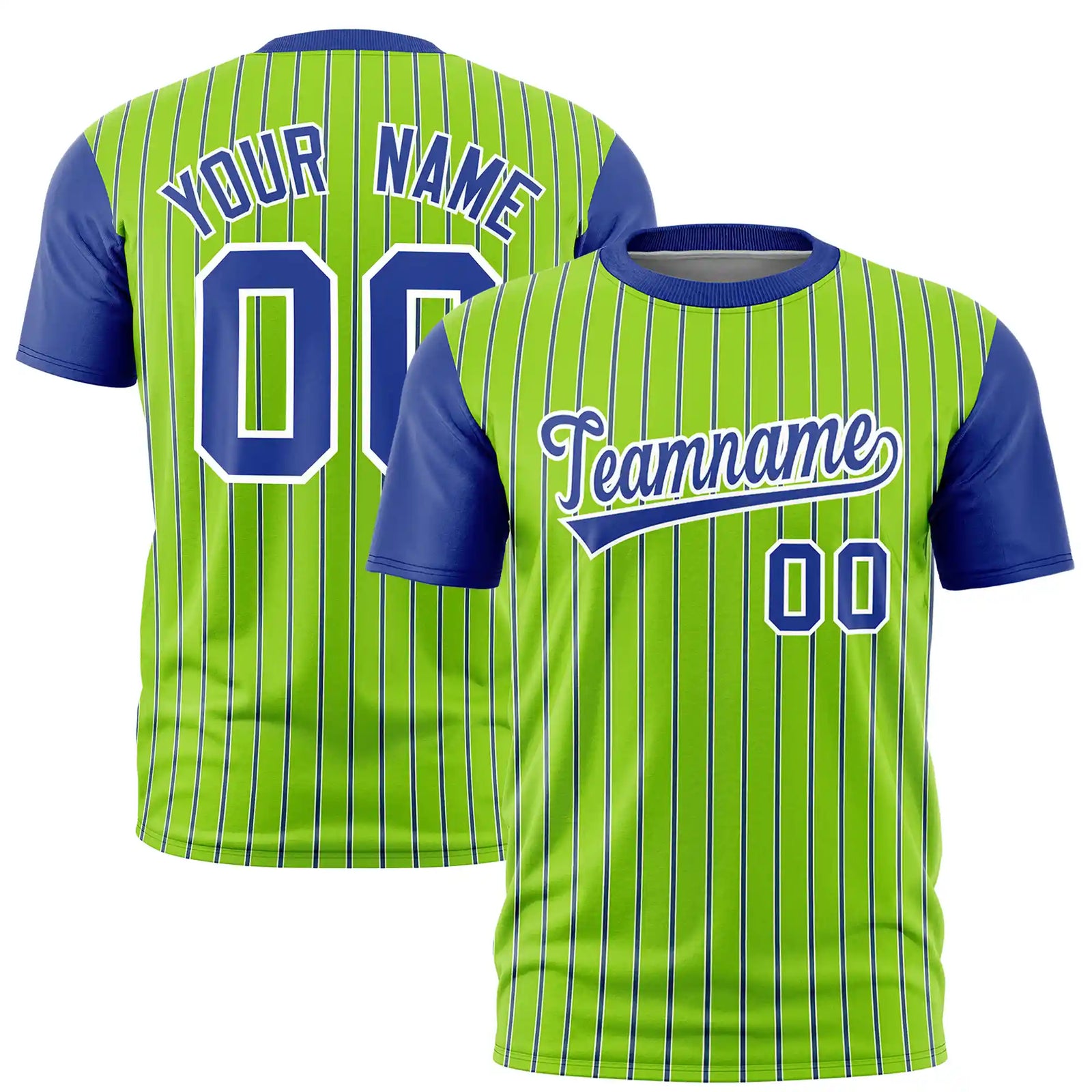 Custom Neon Green White-Royal Blue Pinstripe Pattern Design Performance T-Shirt