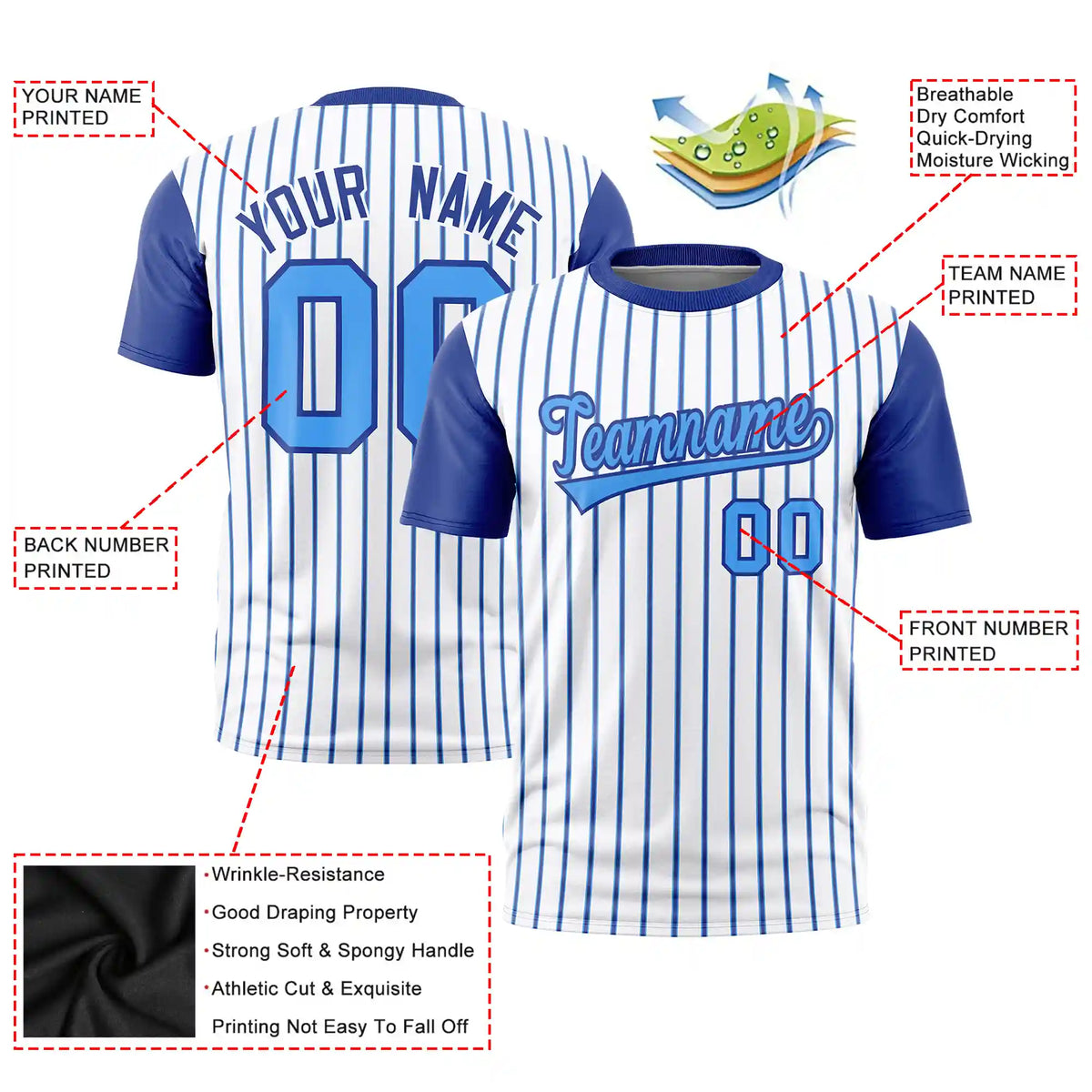 Custom White Powder Blue-Royal Blue Pinstripe Pattern Design Performance T-Shirt