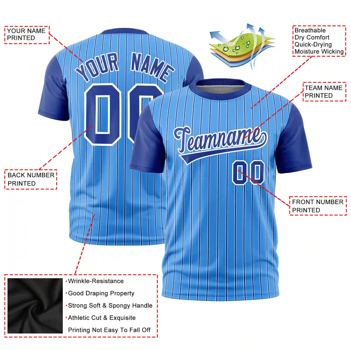 Custom Powder Blue White-Royal Blue Pinstripe Pattern Design Performance T-Shirt