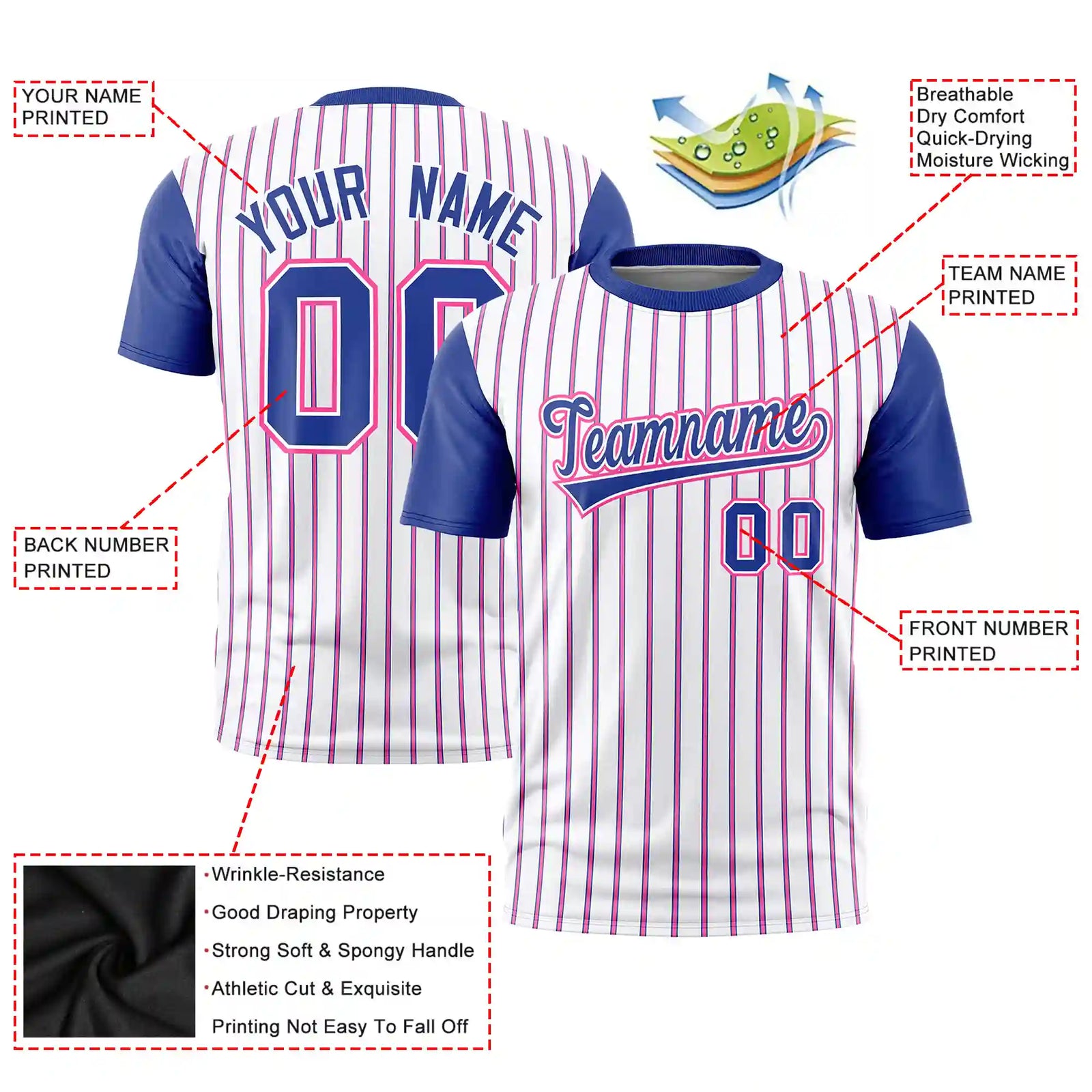 Custom White Pink-Royal Blue Pinstripe Pattern Design Performance T-Shirt
