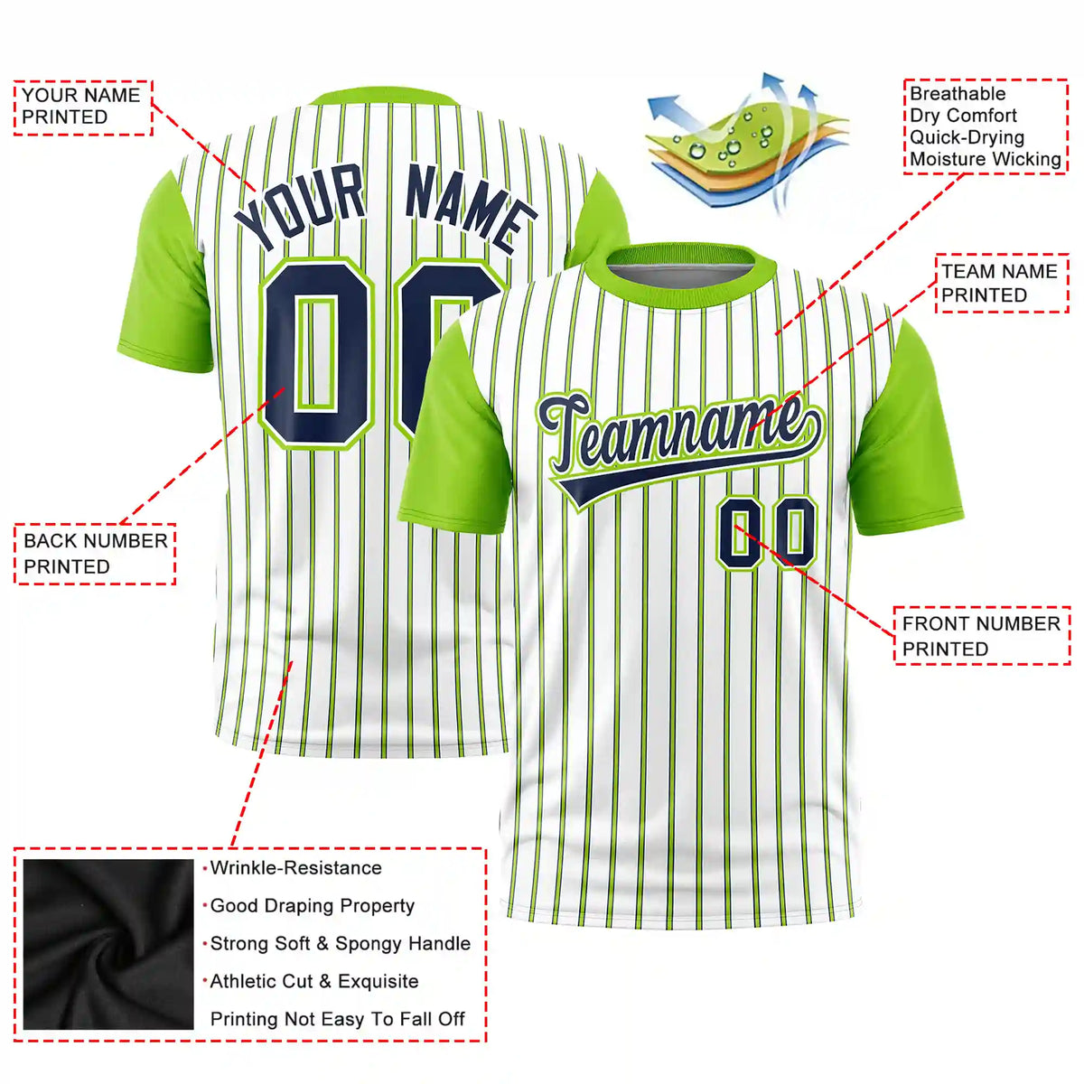 Custom White Navy-Neon Green Pinstripe Pattern Design Performance T-Shirt