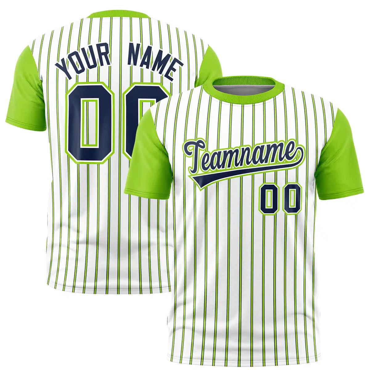 Custom White Navy-Neon Green Pinstripe Pattern Design Performance T-Shirt