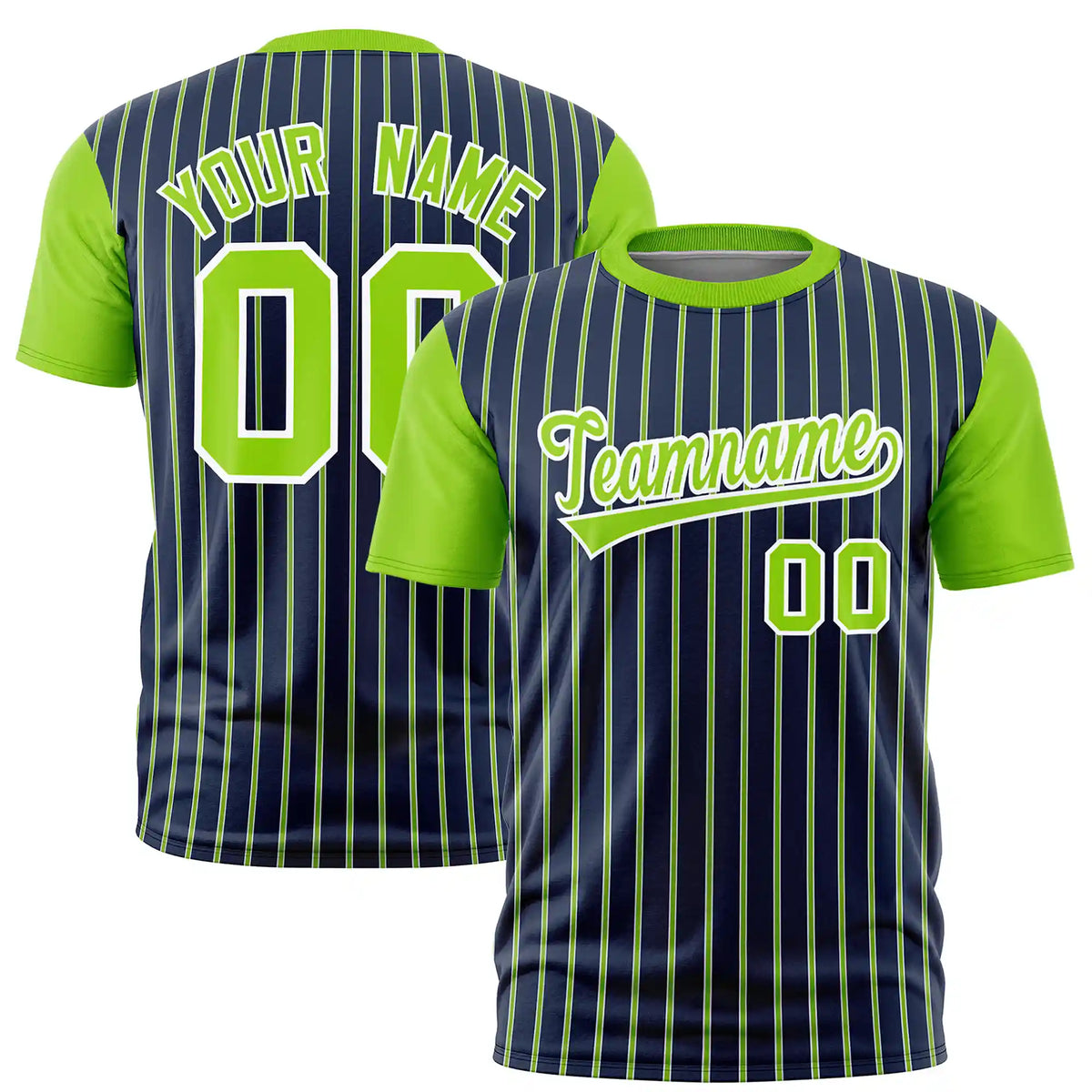 Custom Navy White-Neon Green Pinstripe Pattern Design Performance T-Shirt