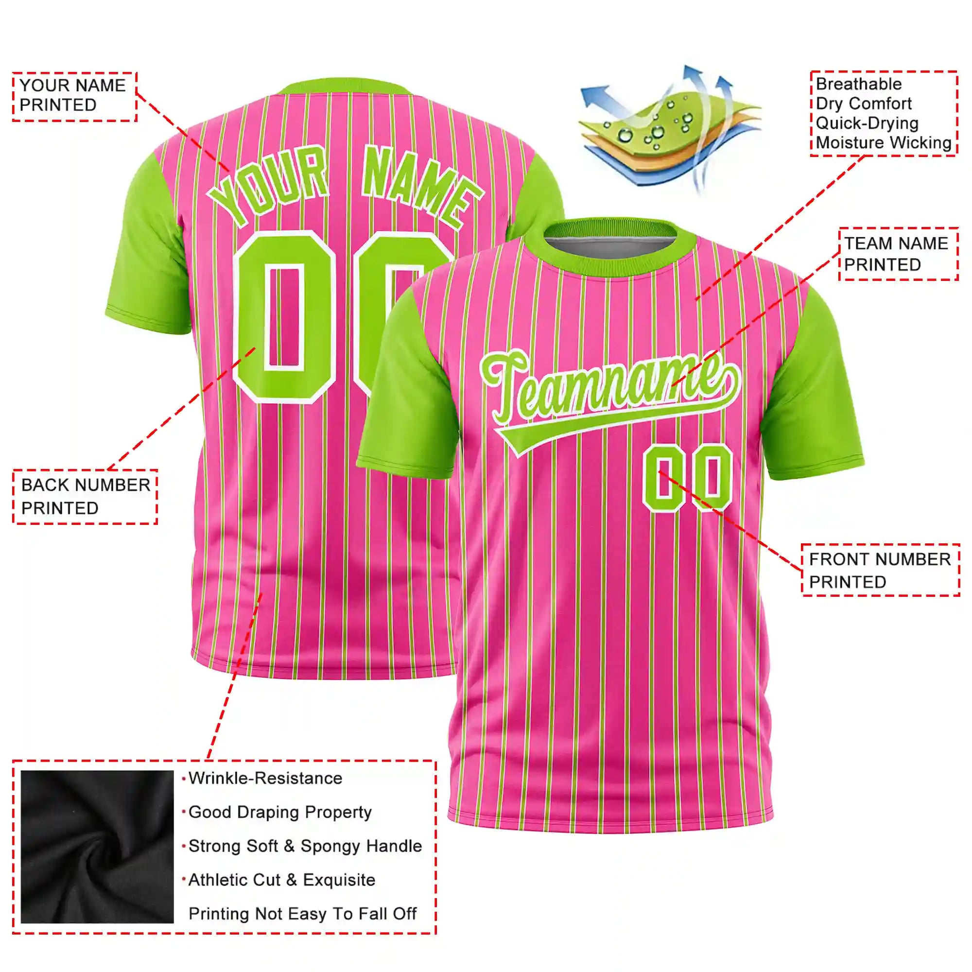 Custom Pink White-Neon Green Pinstripe Pattern Design Performance T-Shirt