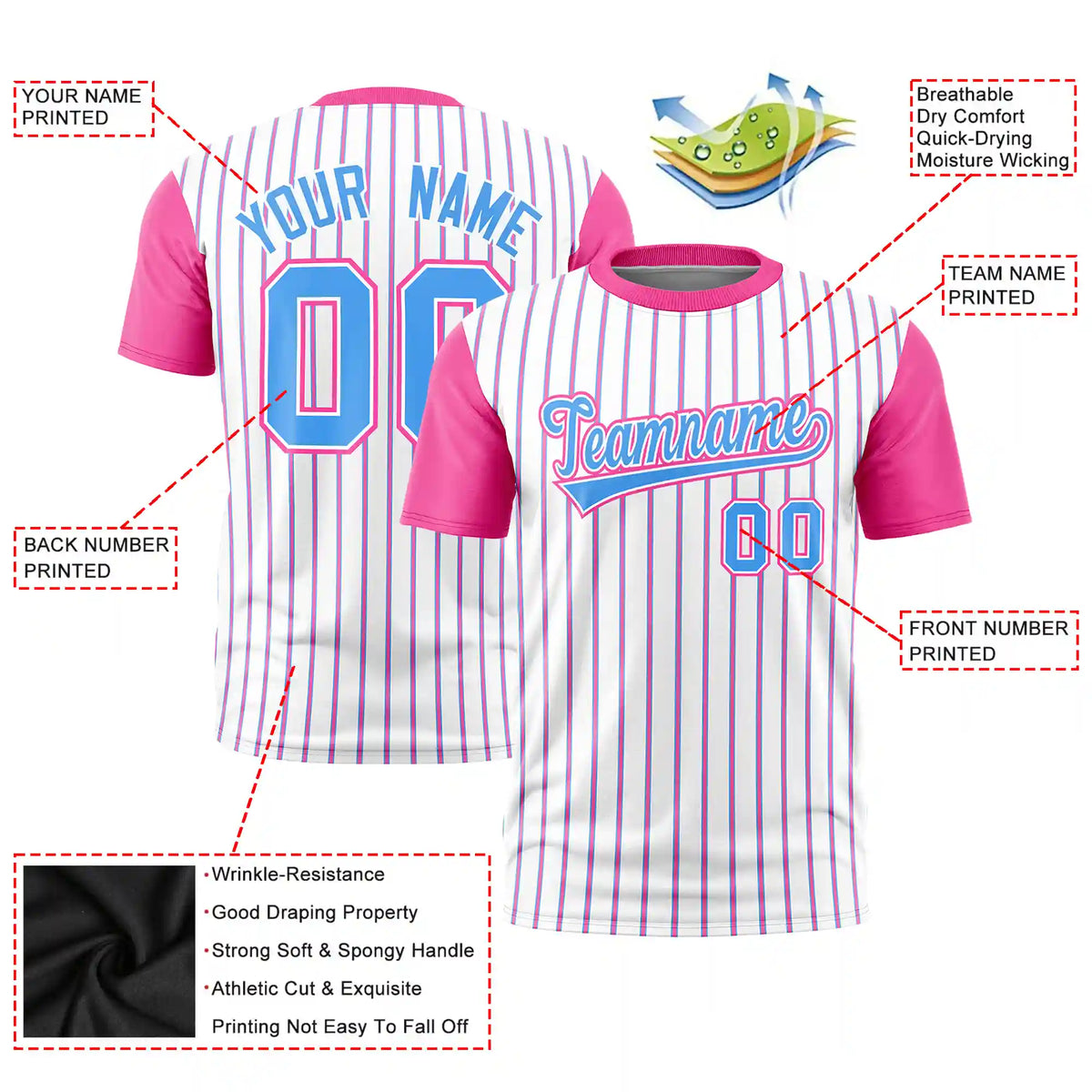 Custom White Powder Blue-Pink Pinstripe Pattern Design Performance T-Shirt