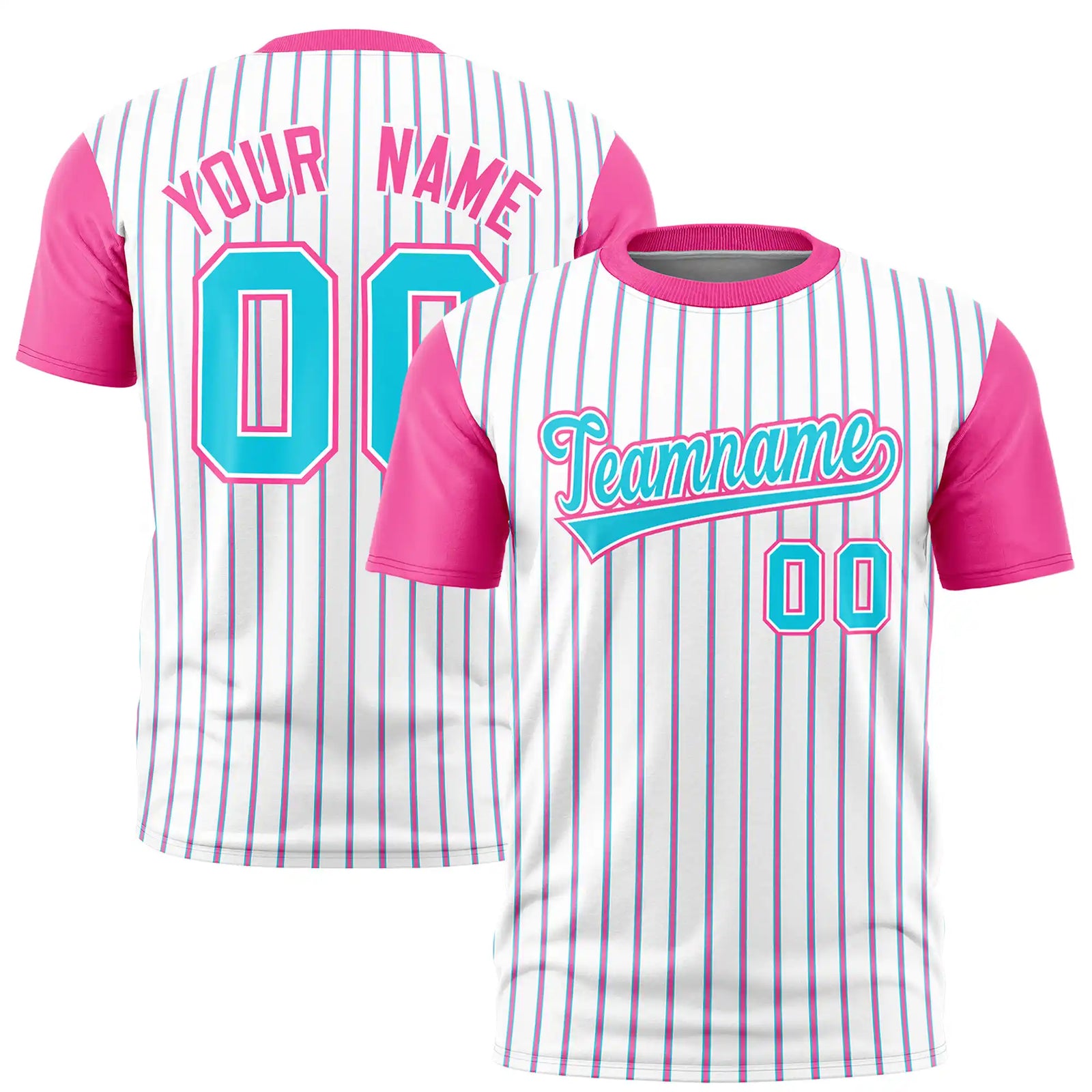 Custom White Sky Blue-Pink Pinstripe Pattern Design Performance T-Shirt