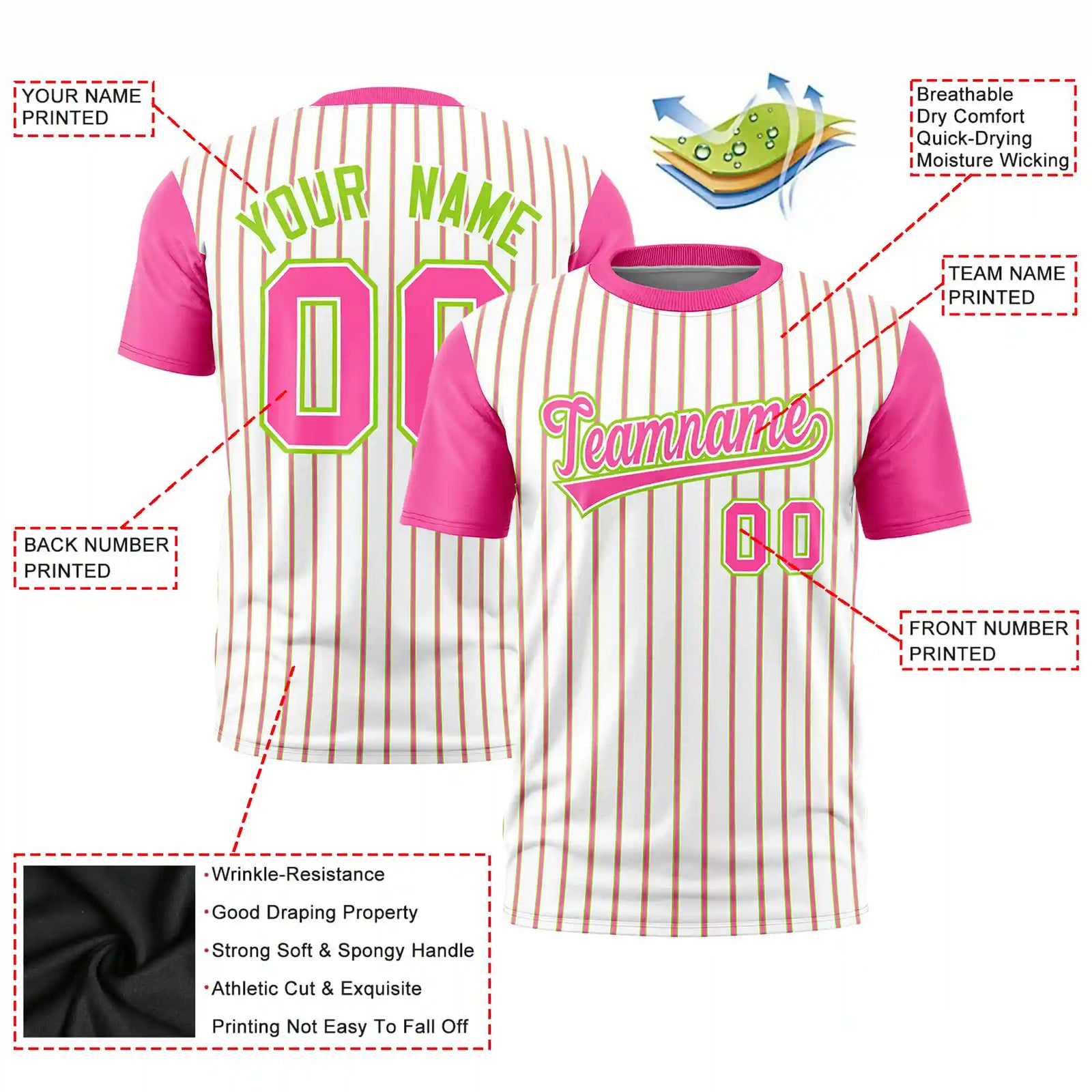 Custom White Neon Green-Pink Pinstripe Pattern Design Performance T-Shirt