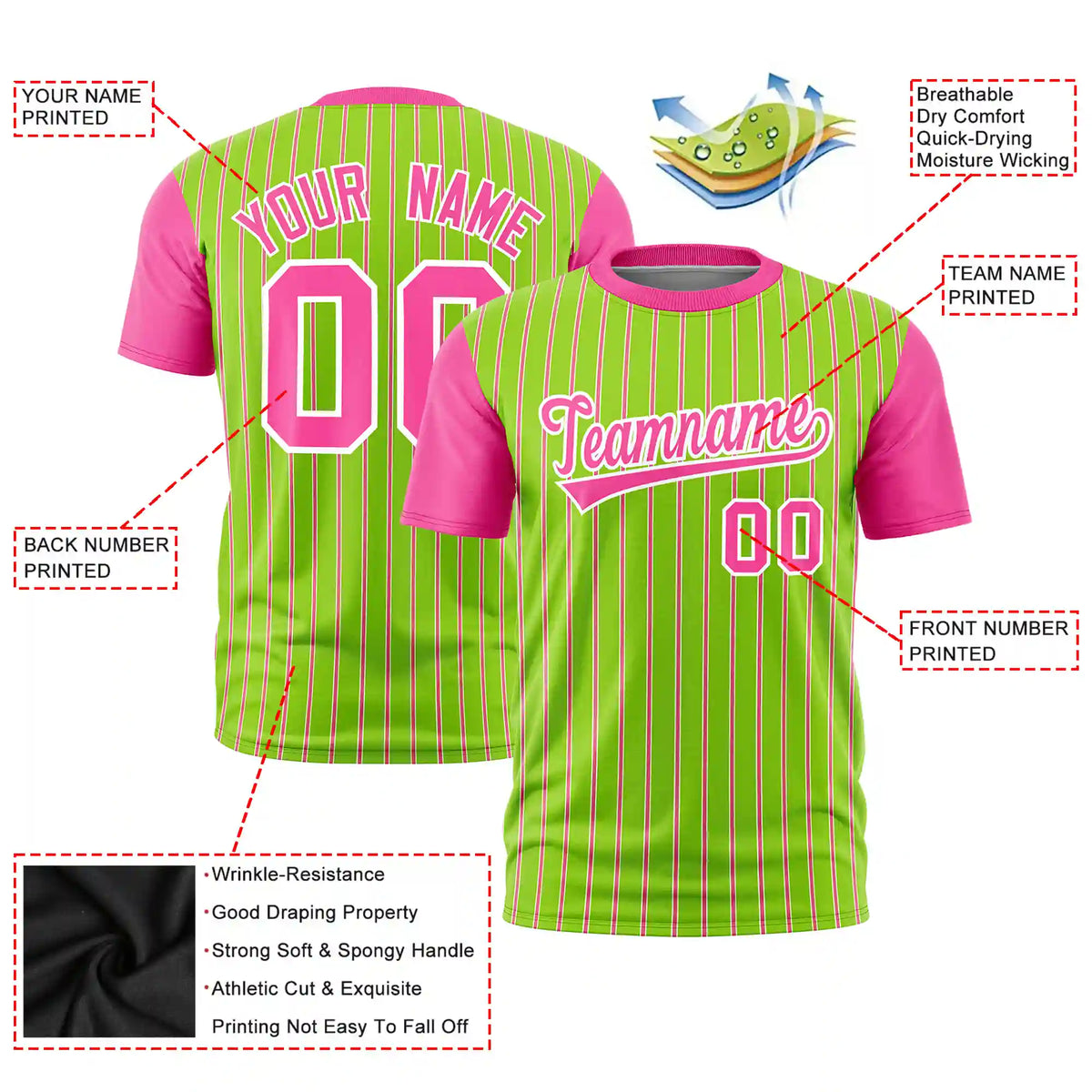 Custom Neon Green White-Pink Pinstripe Pattern Design Performance T-Shirt